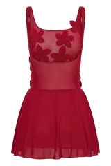 Melanie Mesh Mini Dress With Flowers - Ruby