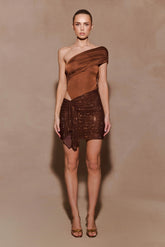 Paisley Slinky And Diamante Mini Dress - Chocolate