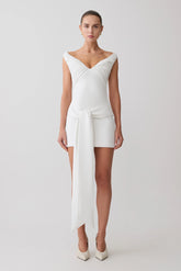 Runa Off Shoulder Mini Dress With Waist Tie - White