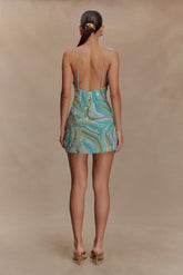 Eloise Hand Beaded Mini Dress - Blue Swirl Print
