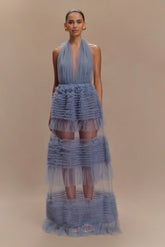 Minka Mesh Ruffle Halter Maxi Dress - Dusty Blue
