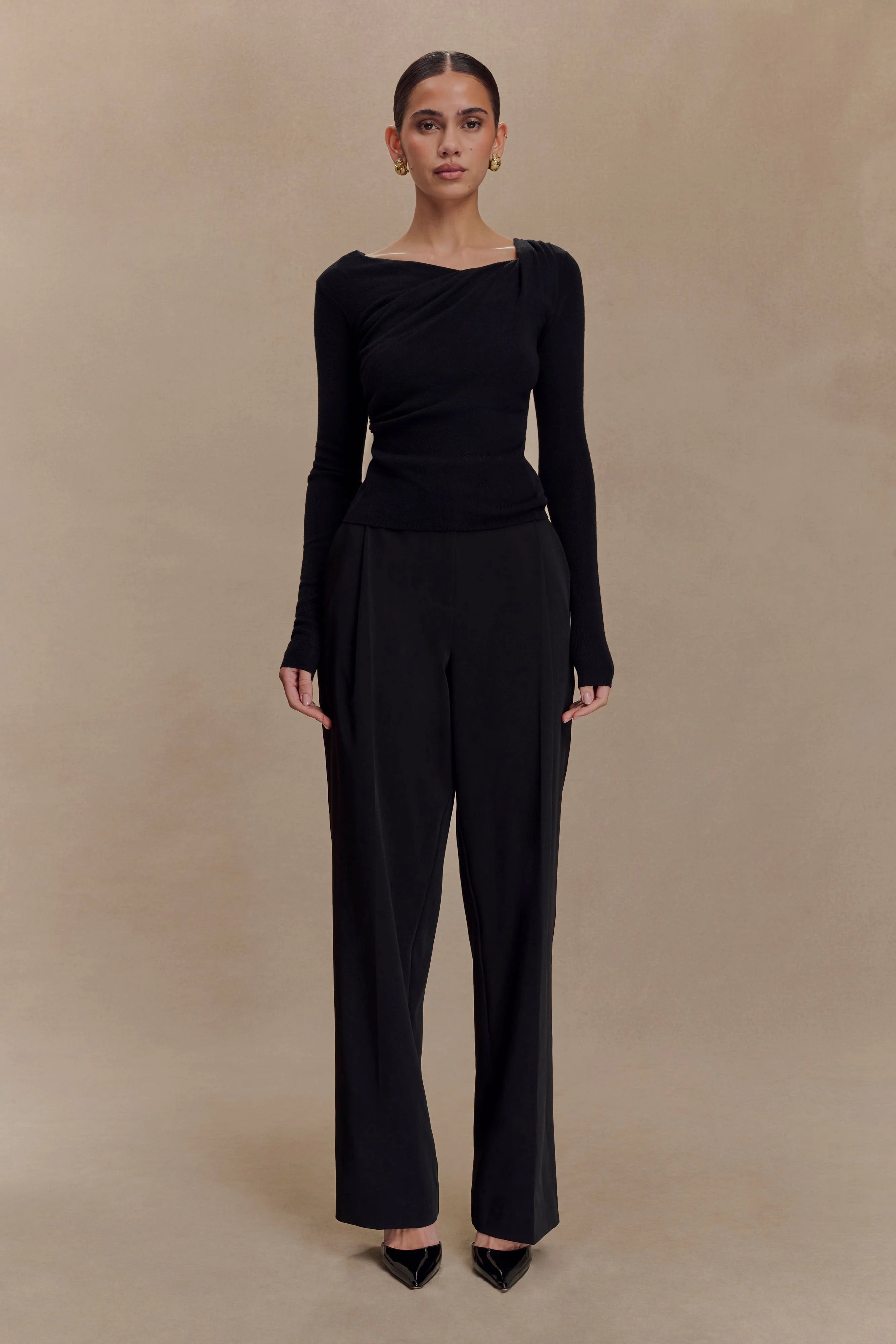 Culver Draped Twist Knit Top - Black