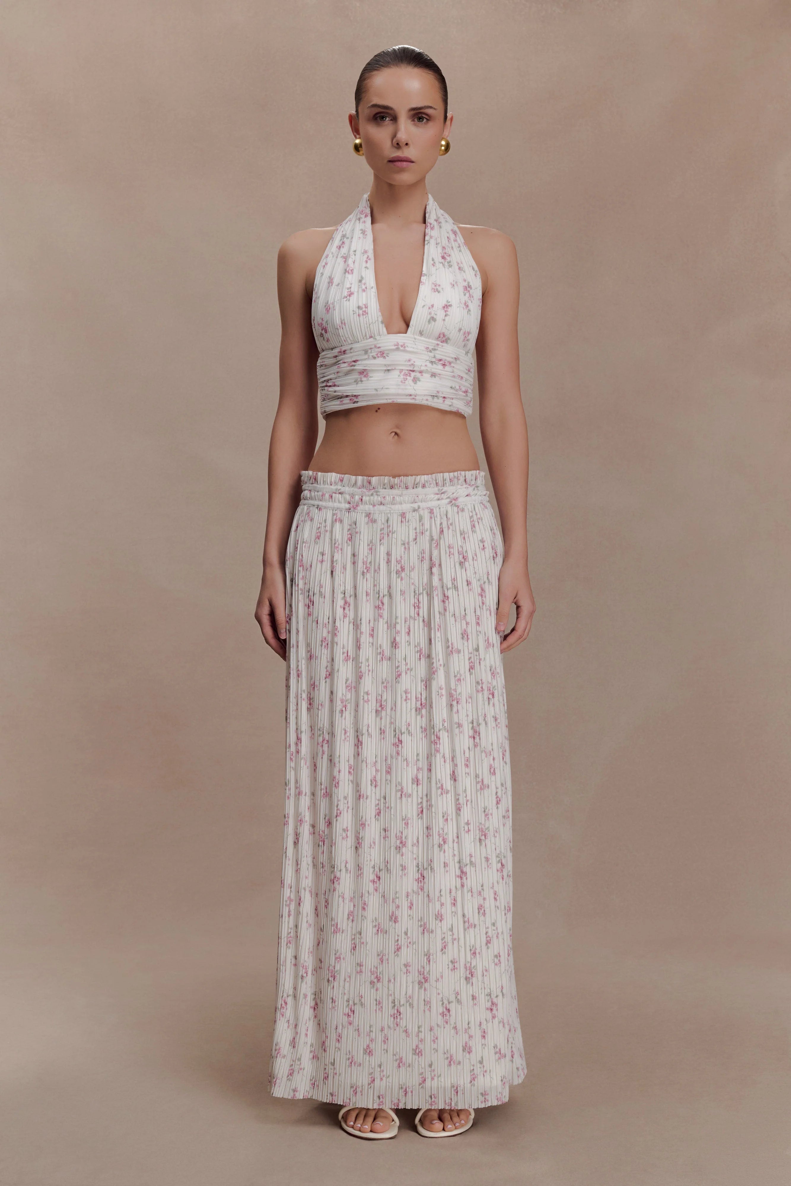 Amaris Sleeveless Plisse Halter Top - Floral Ditsy Print