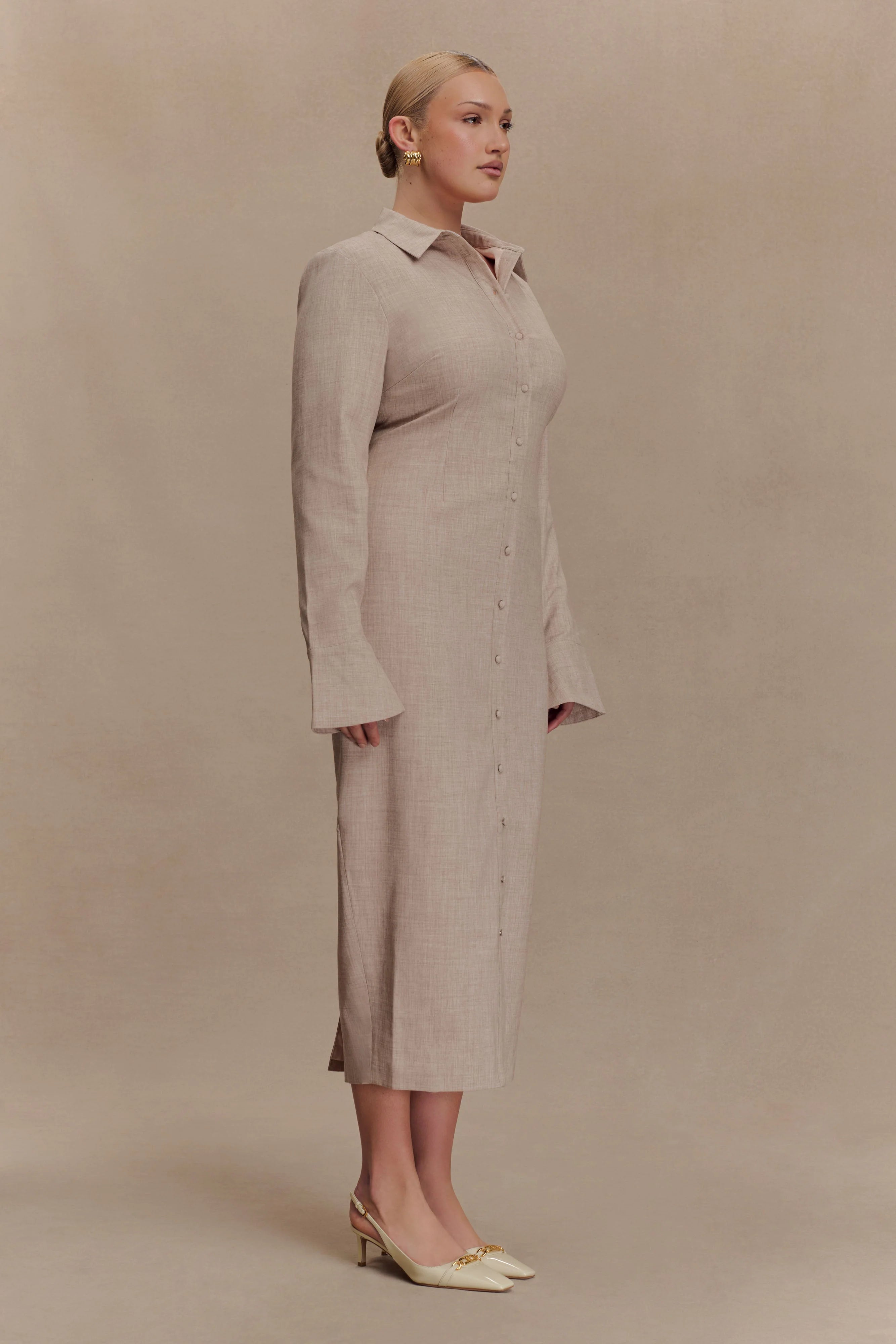 Dorian Fitted Shirt Midi Dress - Wheat Marle