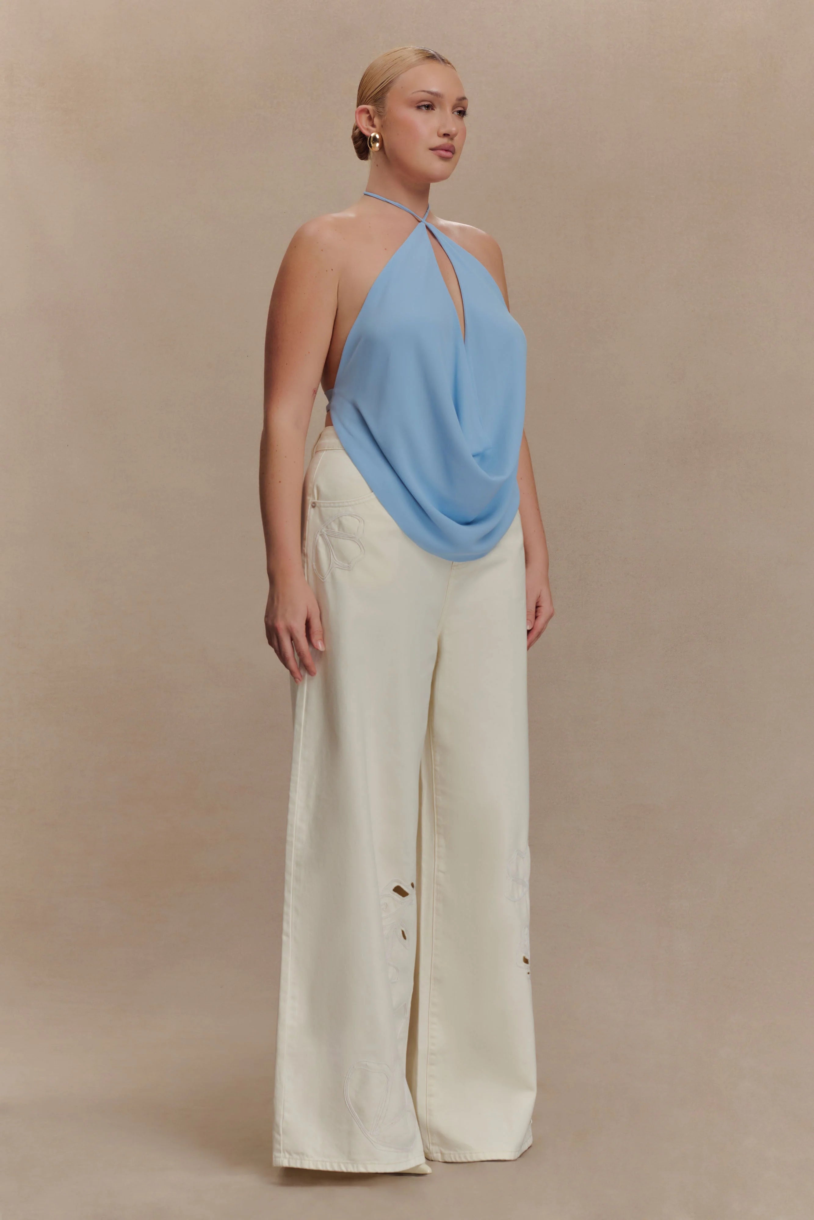 Katalina Chiffon Cowl Halter Top - Sky Blue
