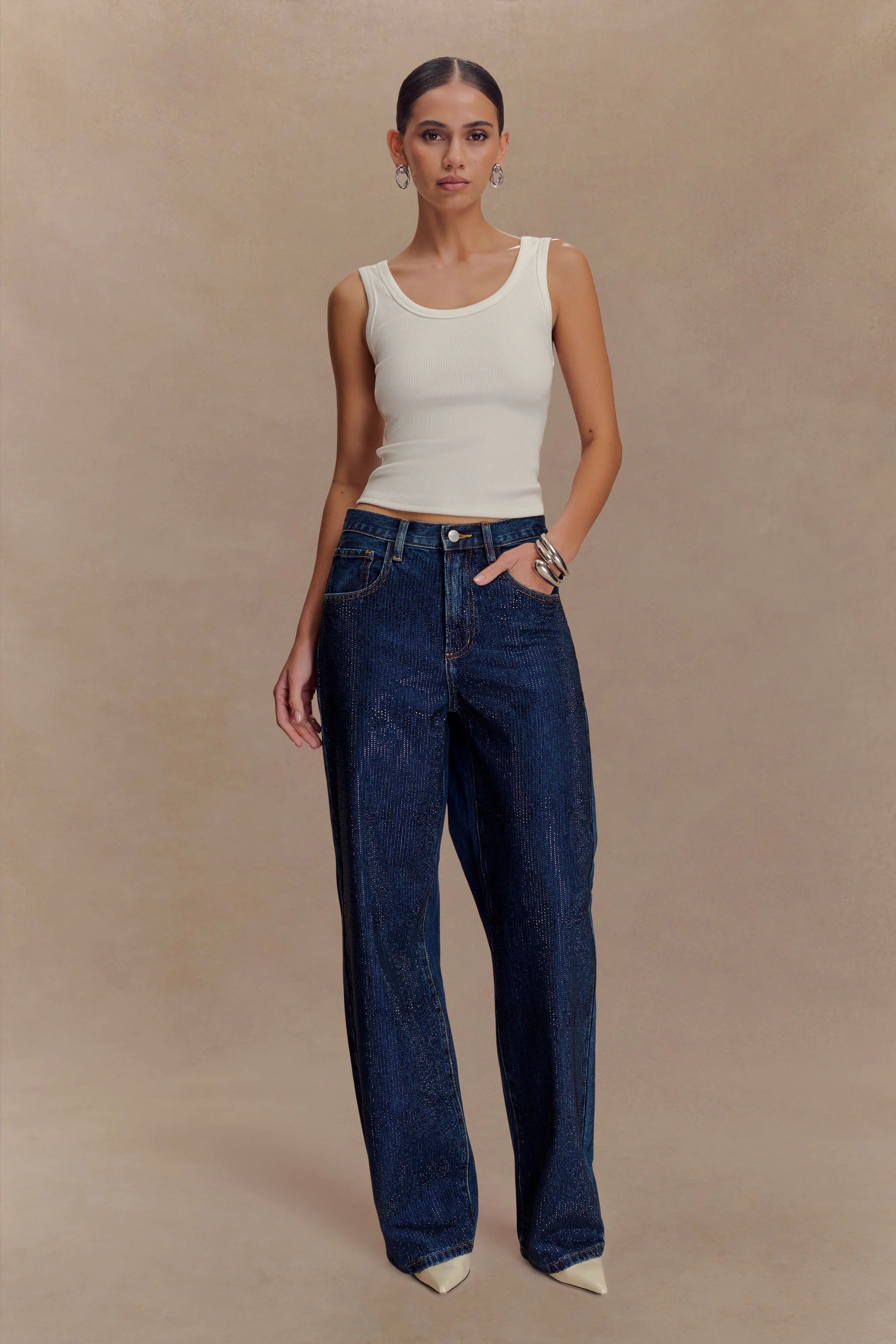 Laina Mid Rise Diamante Denim Jeans - Midnight Blue