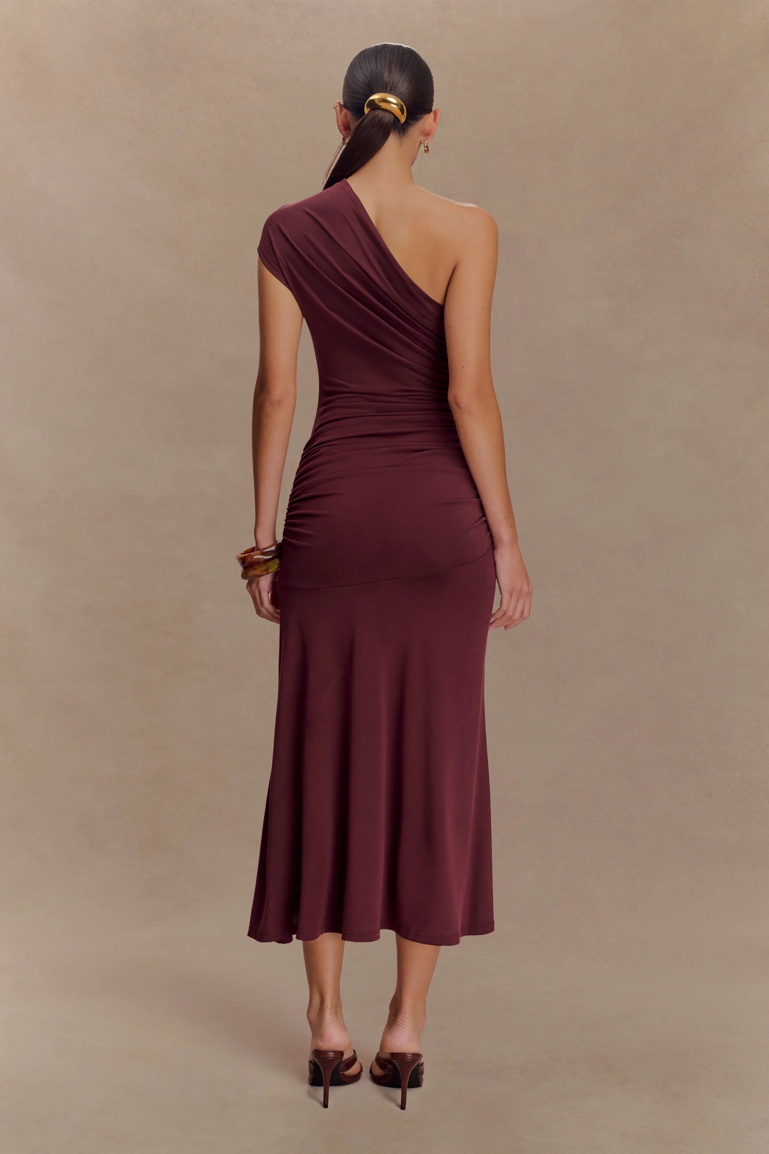 Chloe Peached Jersey One Shoulder Midi Dress - Mahogany