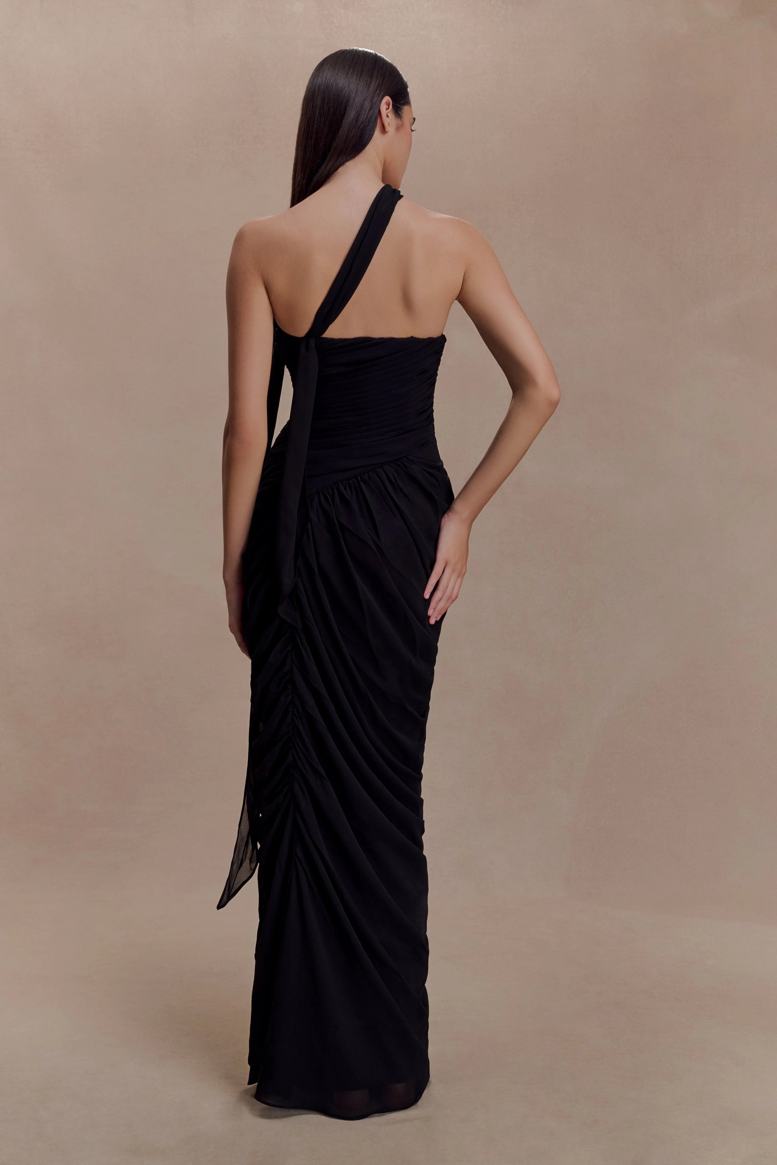 Micaela Chiffon Gathered Maxi Dress - Black