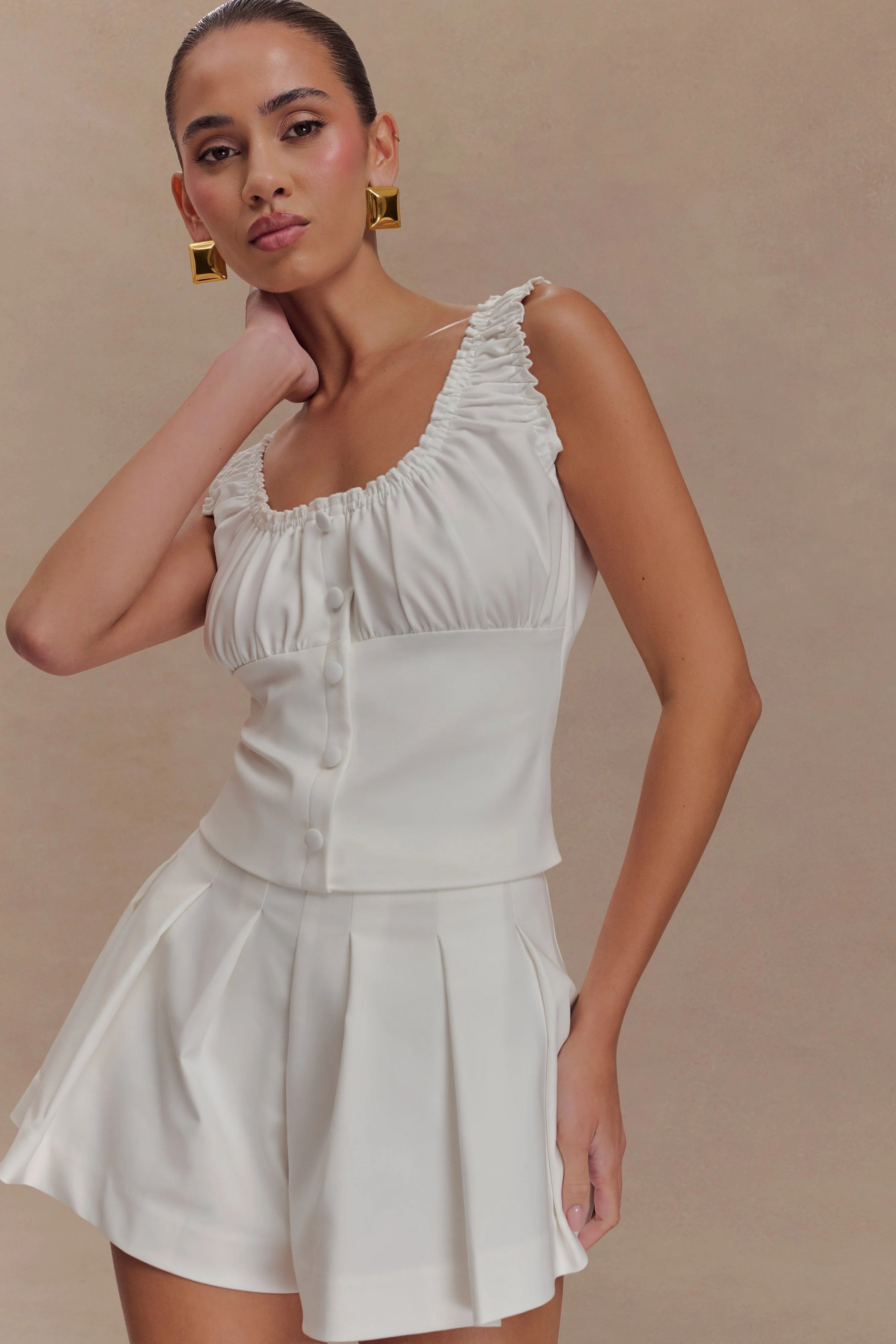 Ines Sleeveless Ruched Top - White