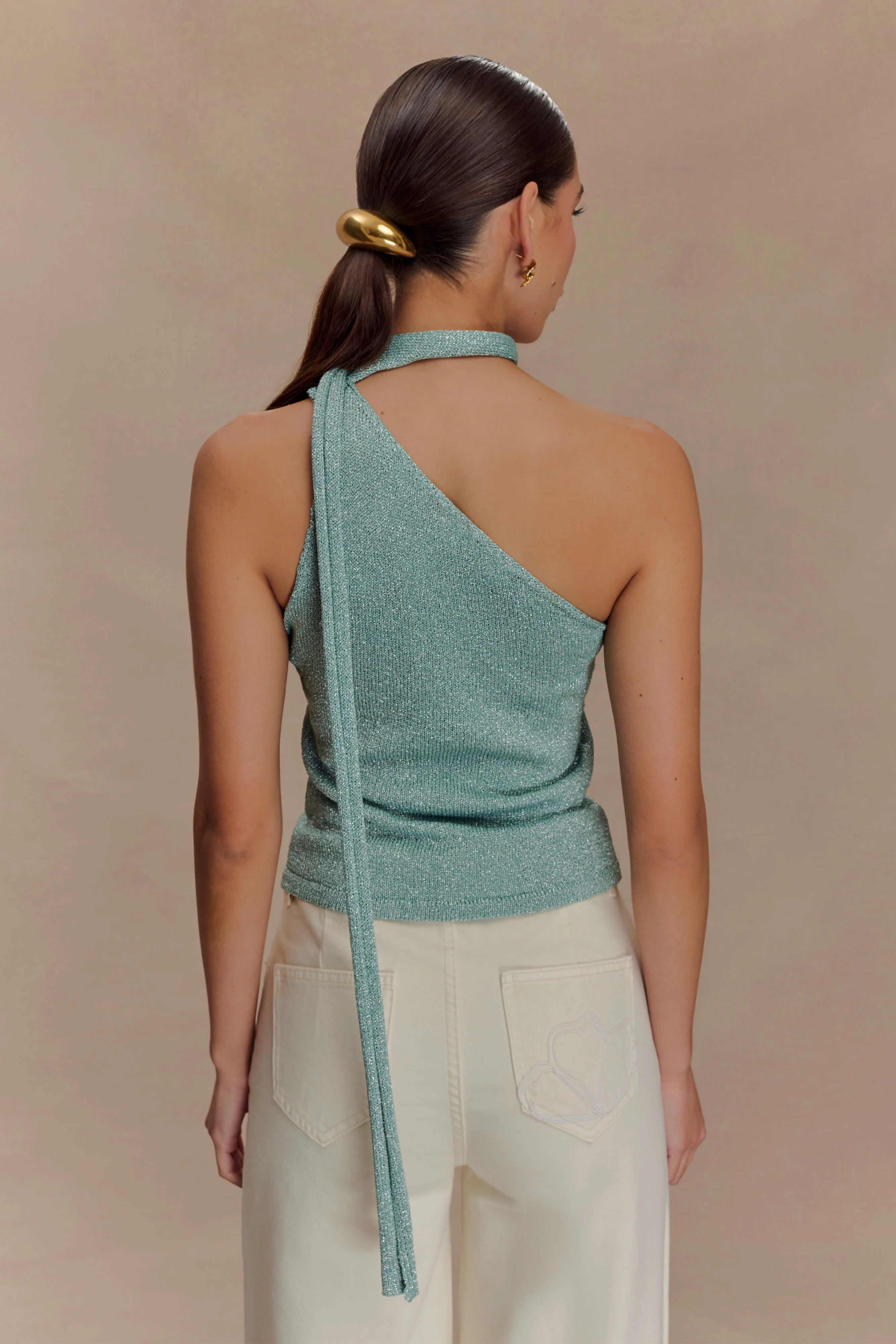 Leone One Shoulder Metallic Knit Top - Aqua