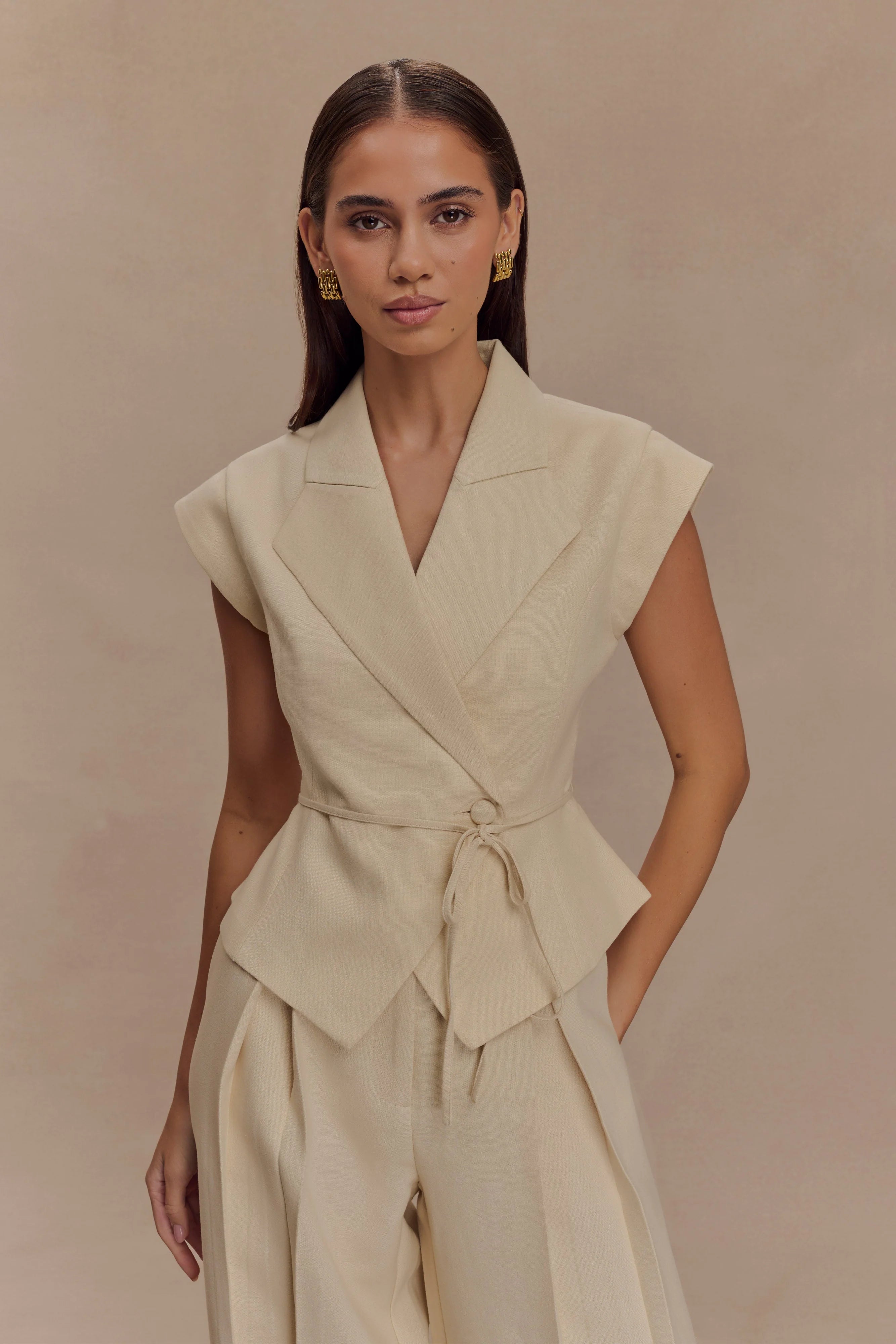 Andina Shortsleeve Linen Top - Natural Beige