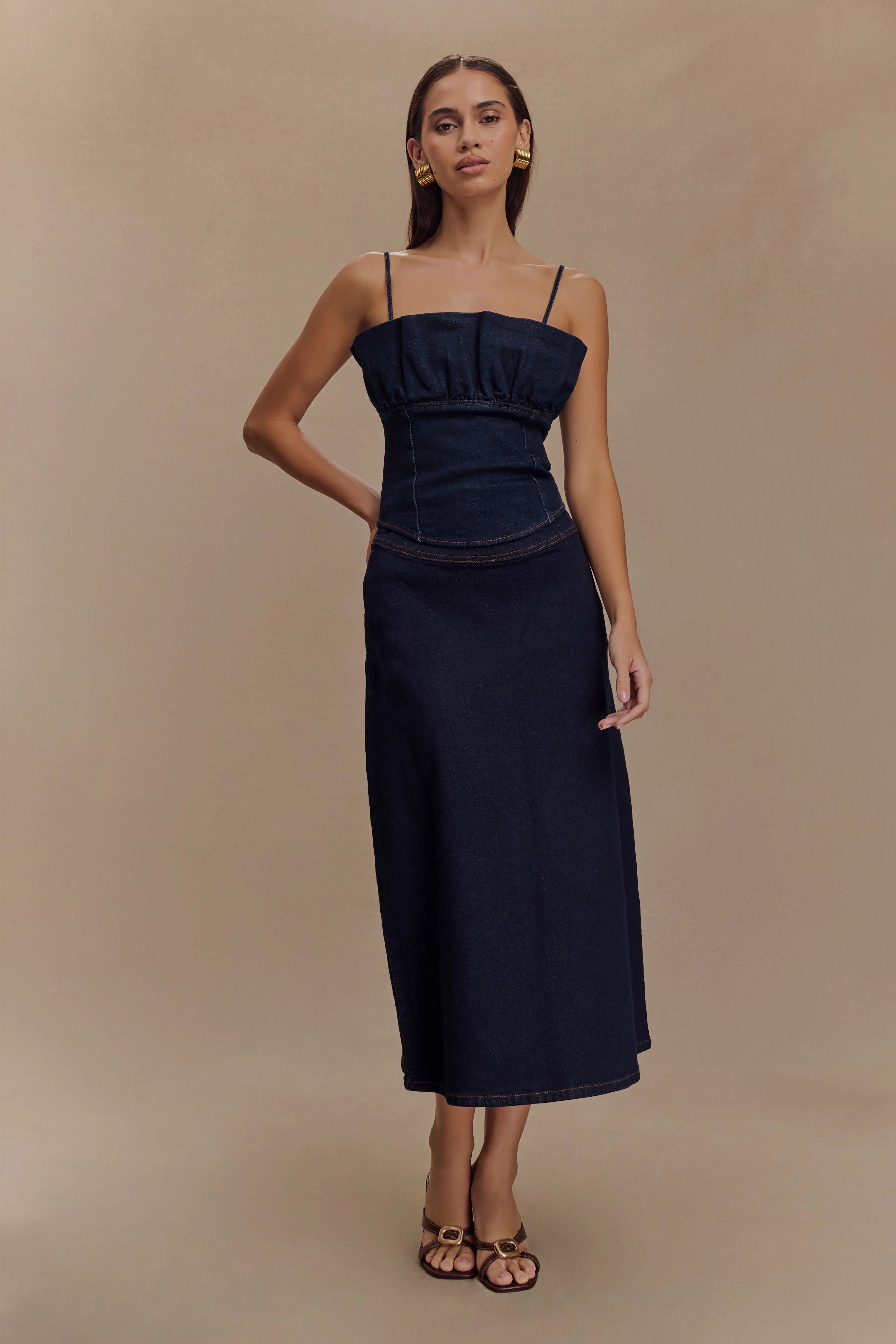 Cecilia Denim A-Line Midi Skirt - Indigo Blue