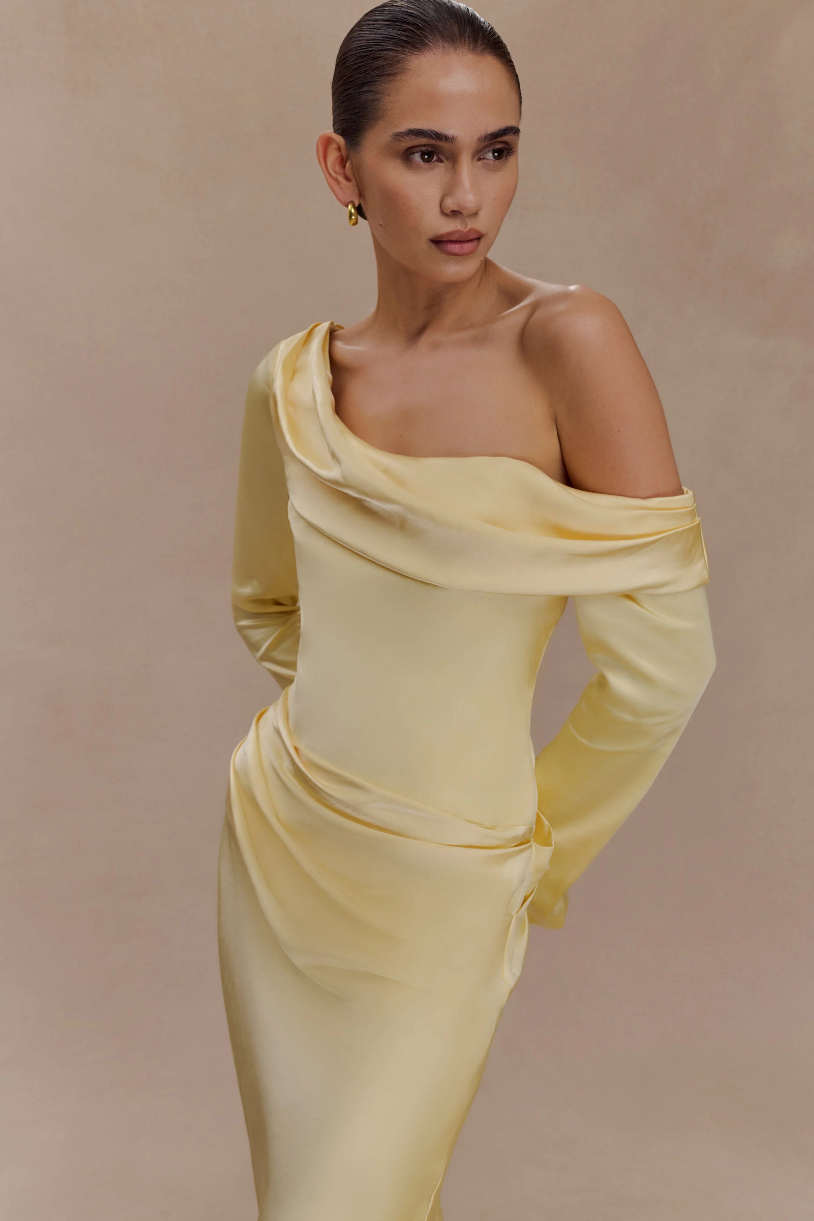 Iris Long Sleeve Satin Maxi Dress - Lemon