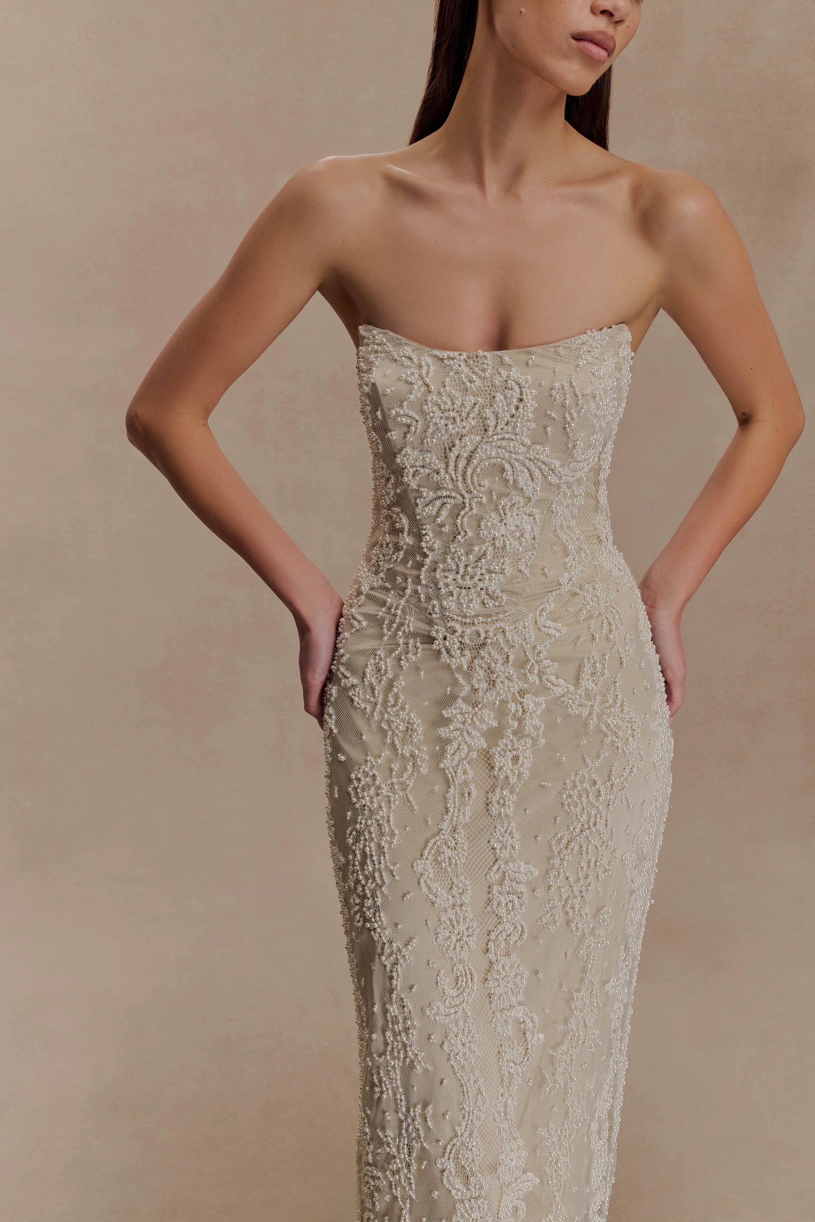 Eva Hand Beaded Pearl & Lace Maxi Dress - White