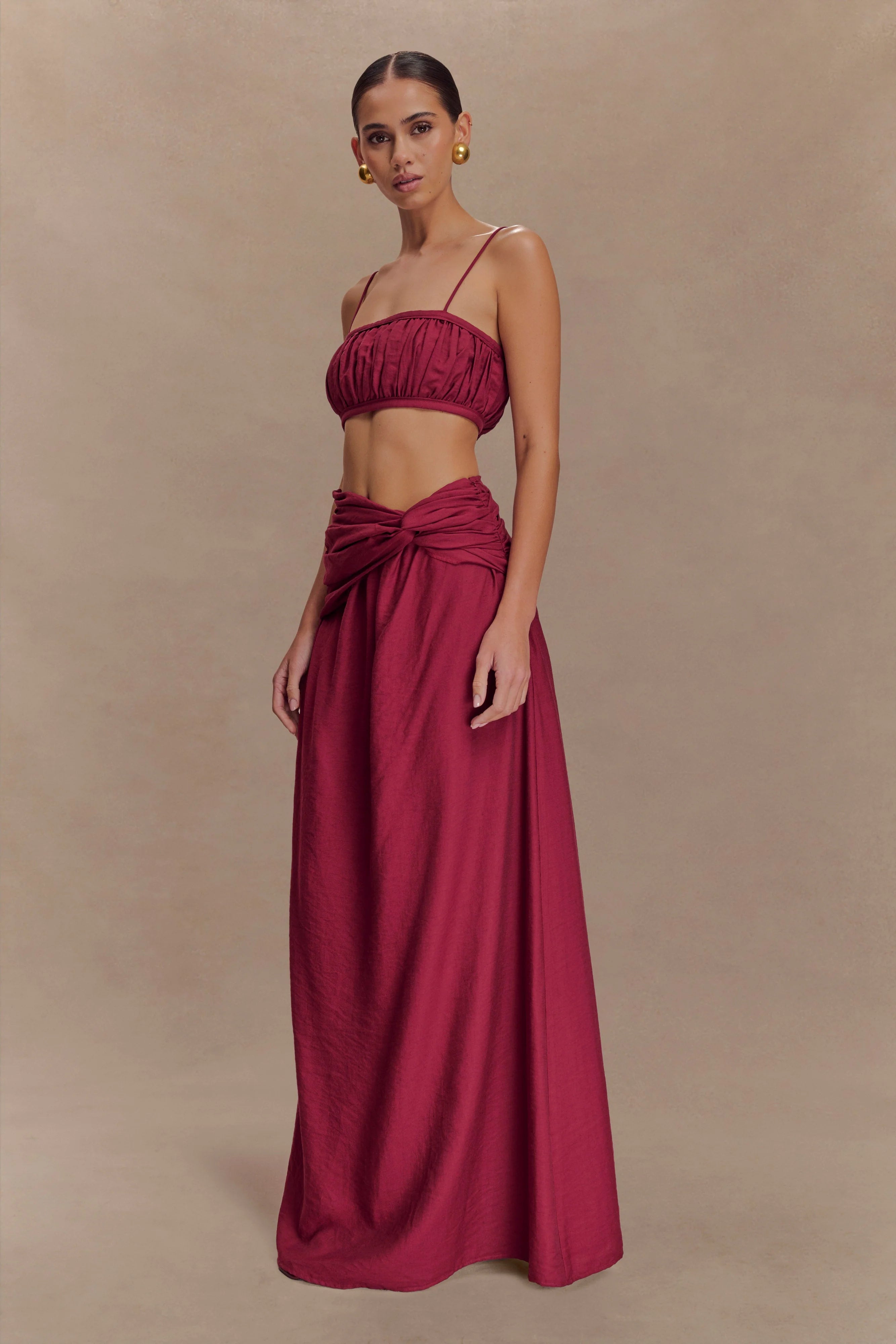 Scottie Gathered Linen Knot Maxi Skirt - Wine