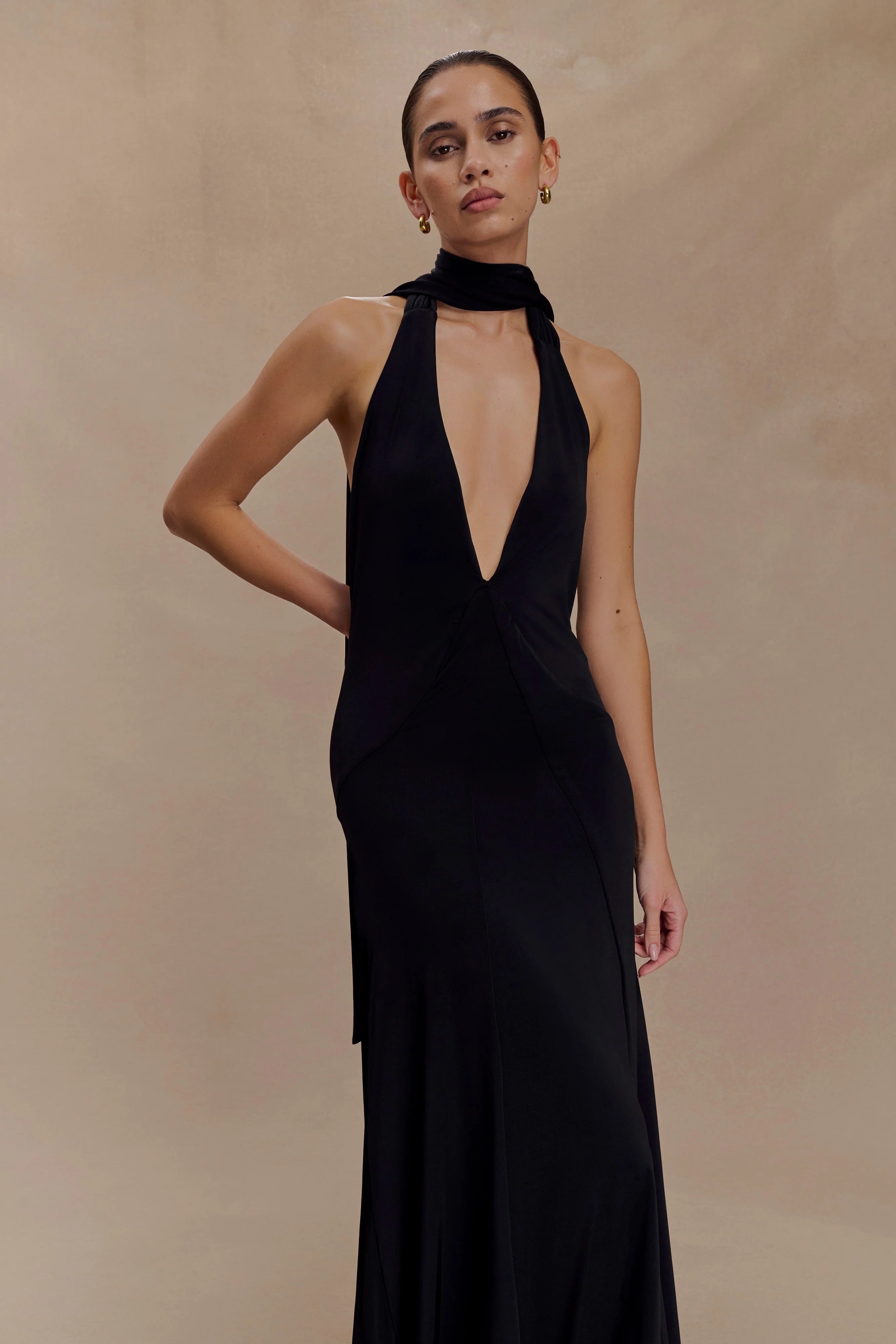 Juliet Slinky Maxi Dress With Scarf - Black