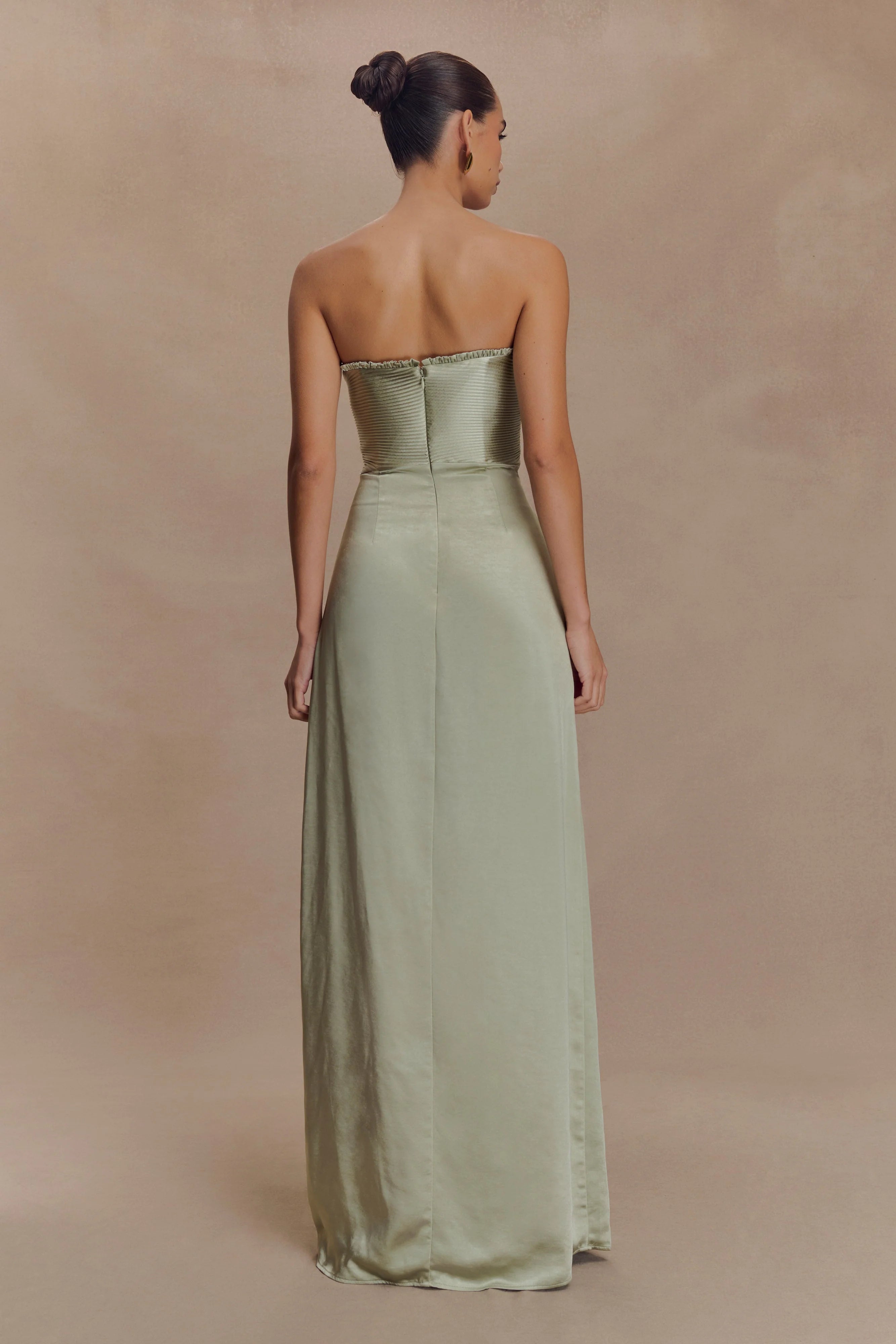 Larissa Satin Maxi Dress With Ruched Petals - Sage