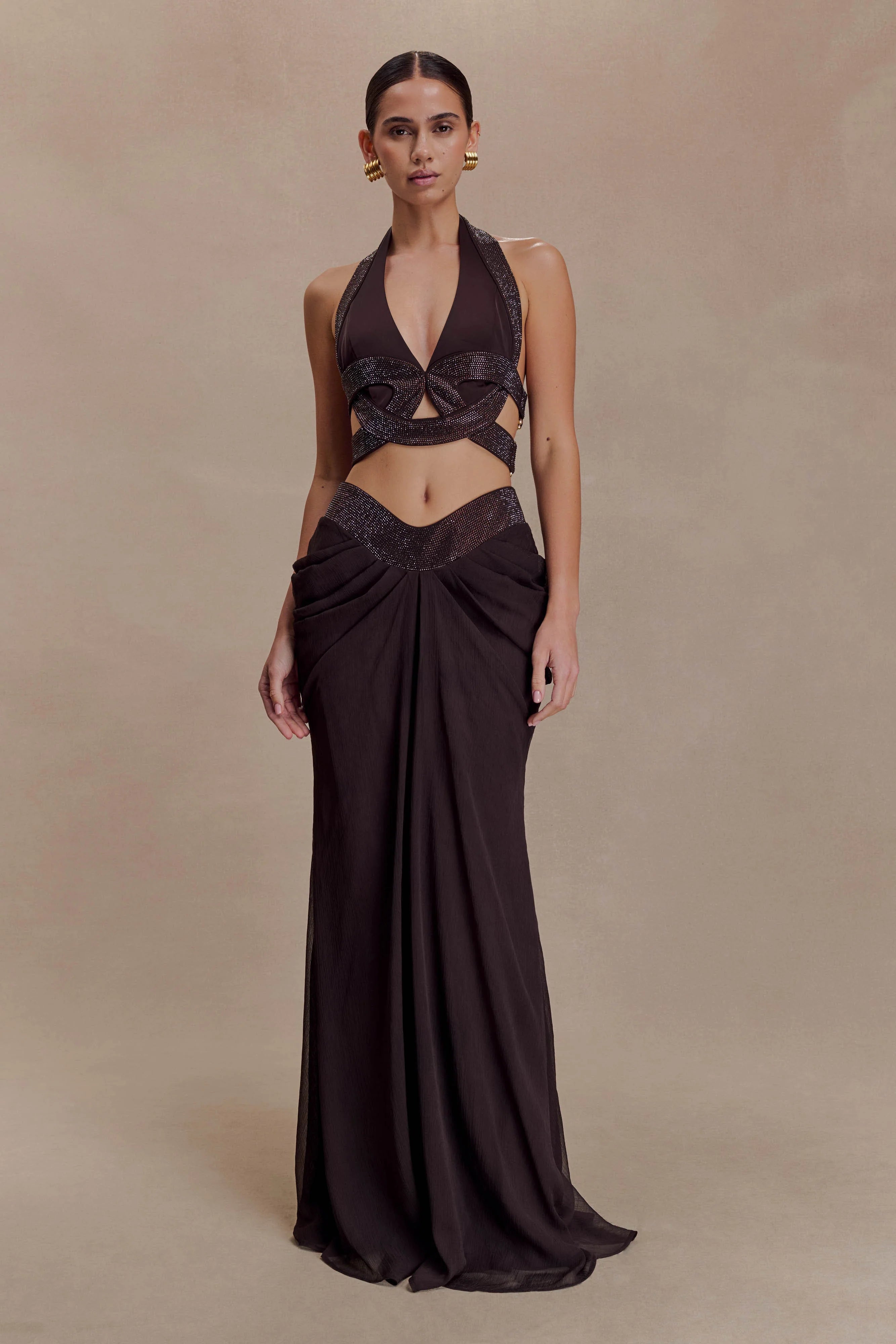 Siren Satin And Diamante Maxi Skirt - Dark Chocolate