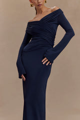 Therese Off Shoulder Ruched Maxi Dress - Navy