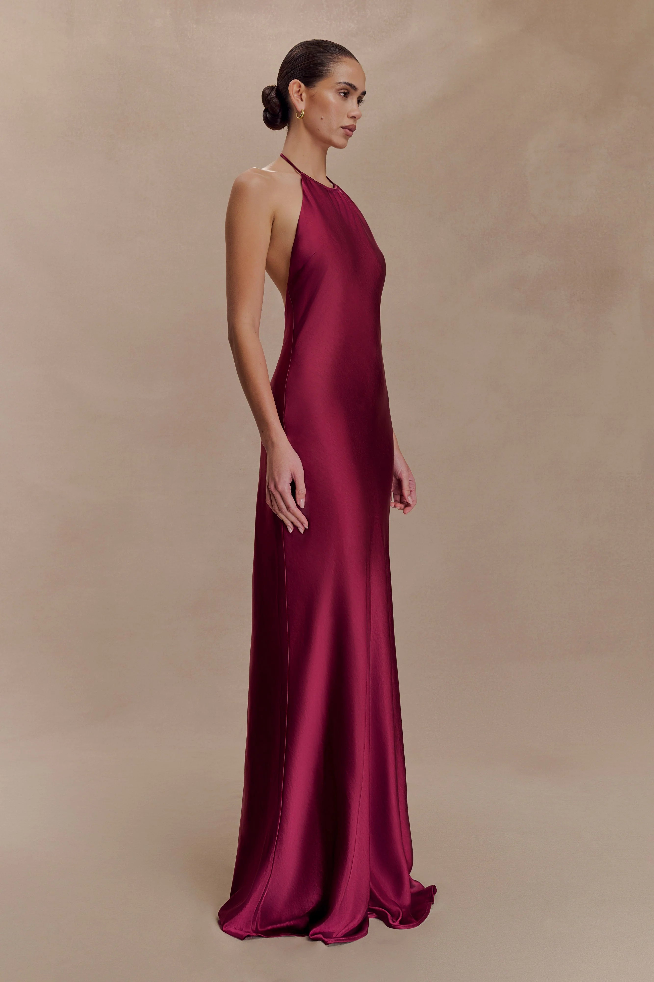 Bella Satin Halter Maxi Dress - Mahogany