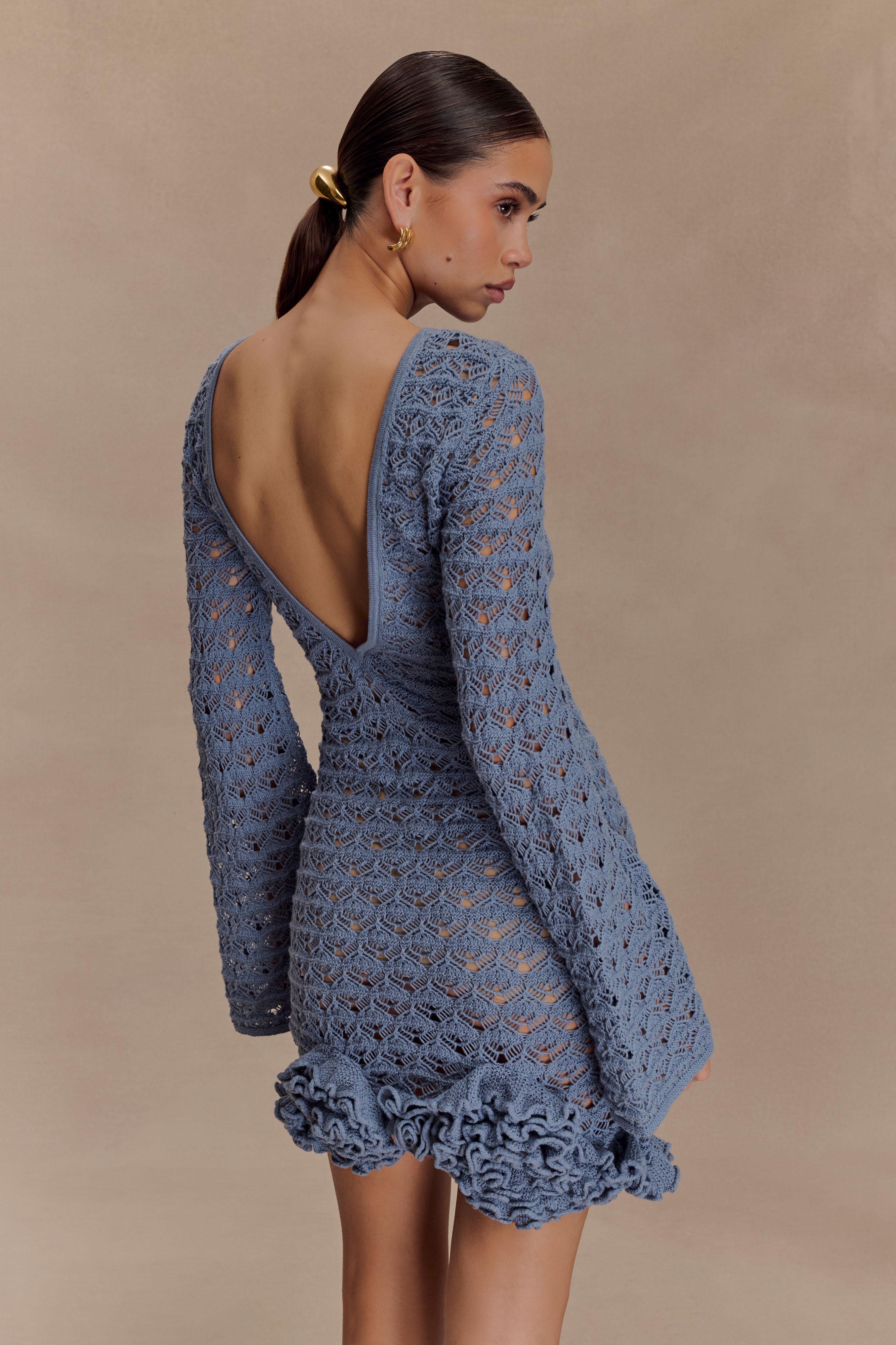 Aileen Ruffle Crochet Mini Dress - Steel Blue