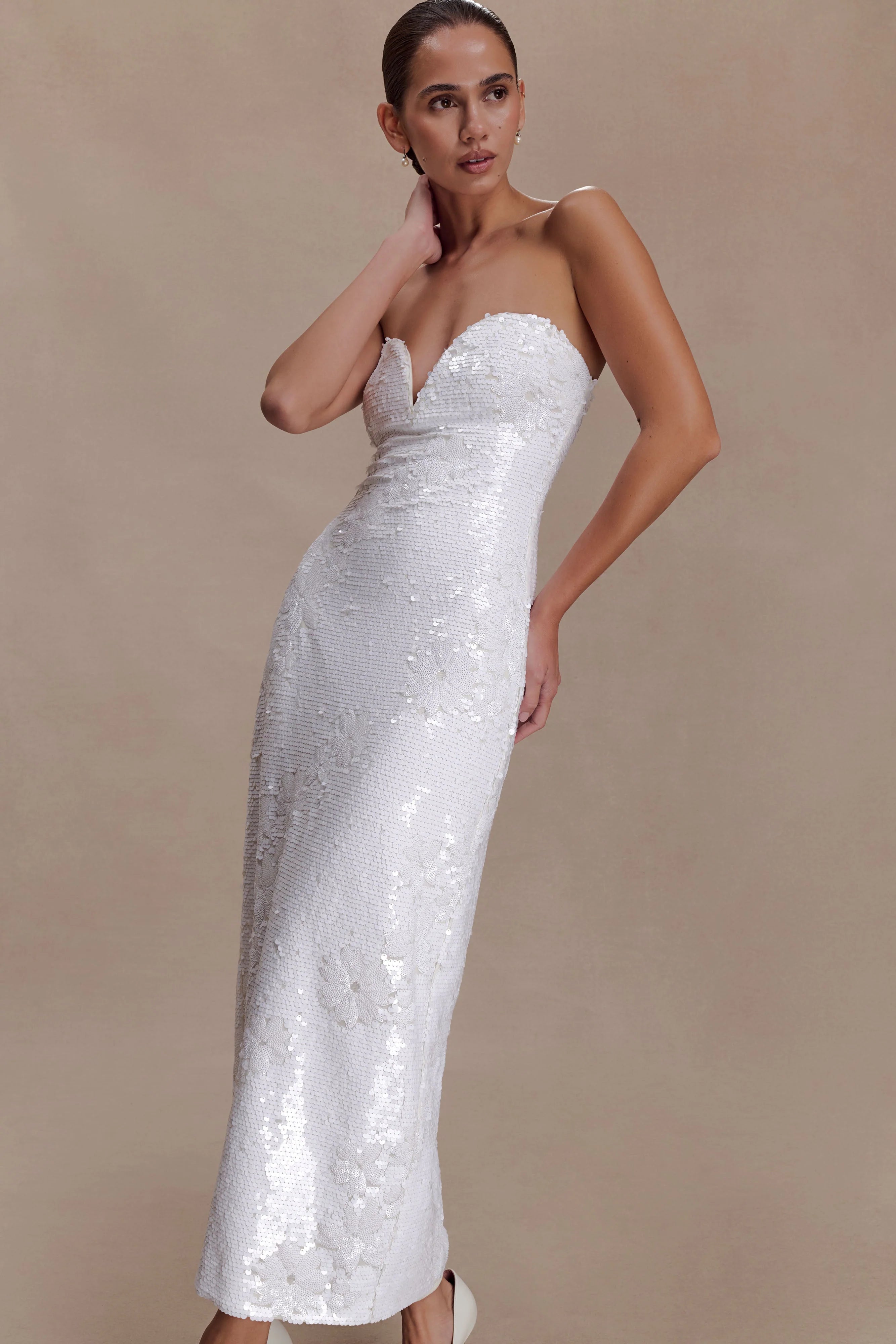 Maisie Strapless Sequin Midi Dress - White