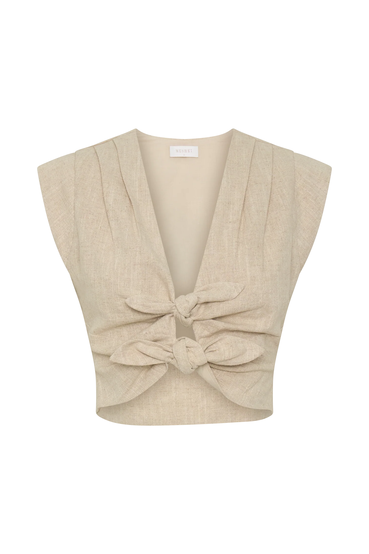 Anahita Linen Front Bows Short Sleeve Top - Natural