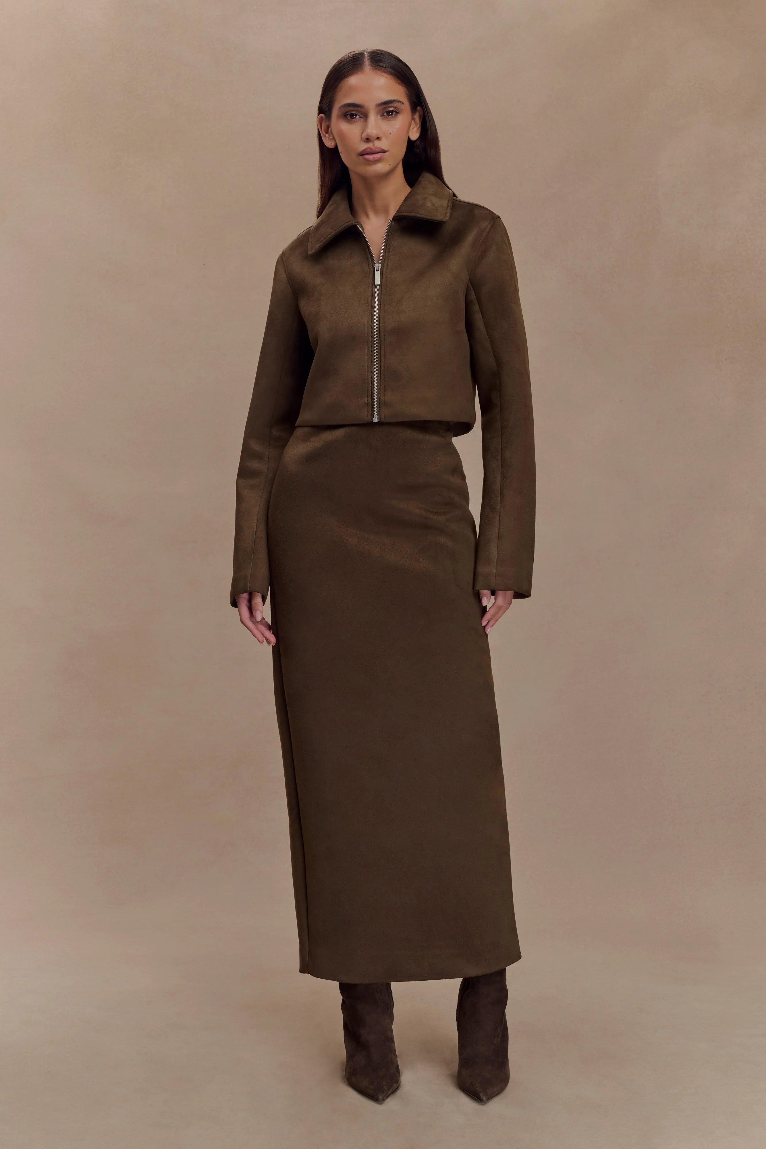 Hayes Faux Suede Midi Skirt - Chocolate
