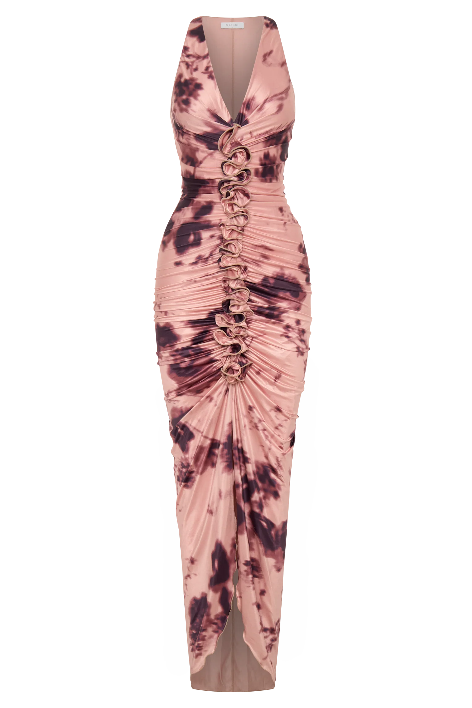 Alessandra Slinky Ruffle Maxi Dress - Pink Blurred Floral Print