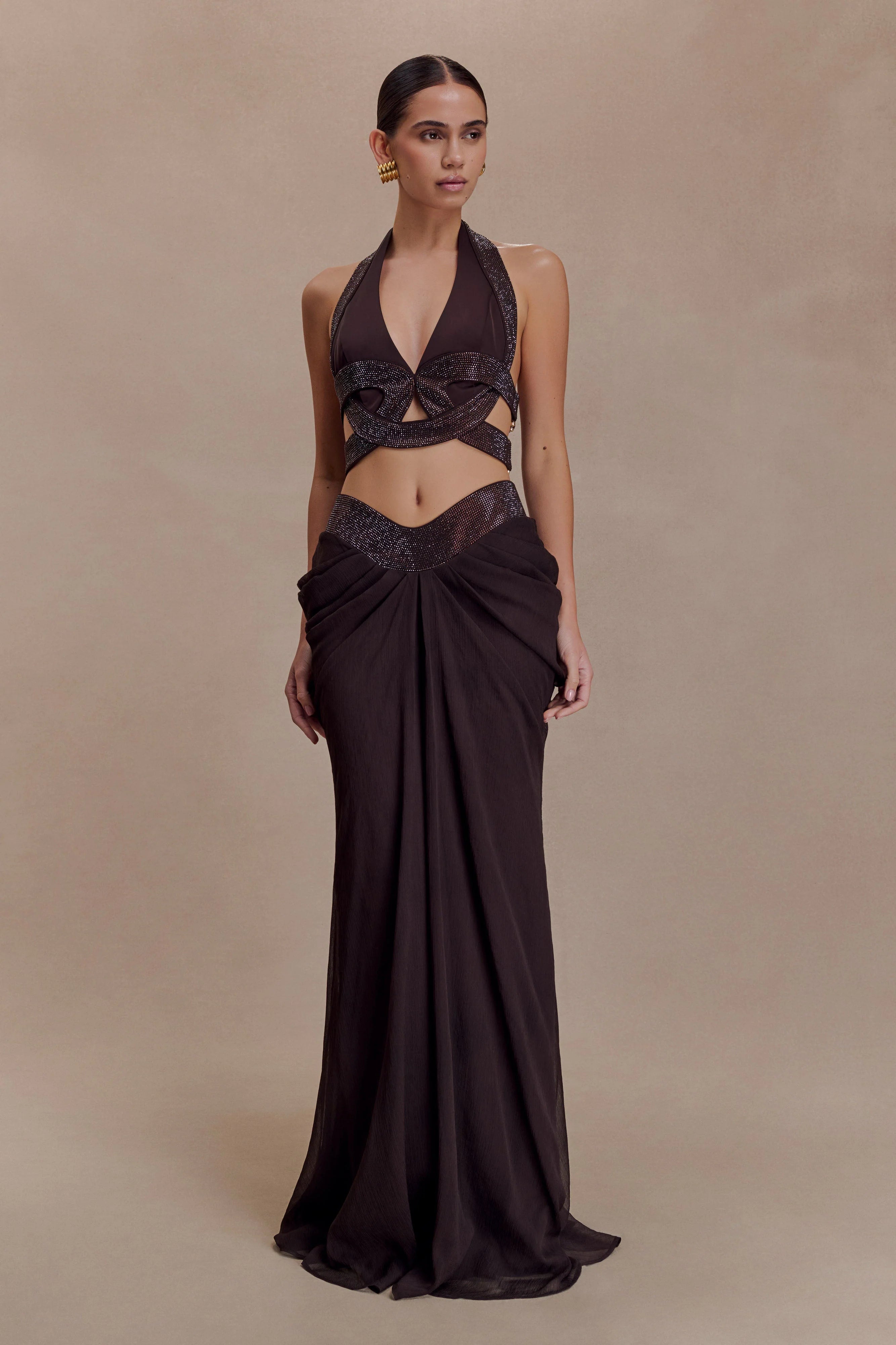Siren Satin And Diamante Halter Top - Dark Chocolate