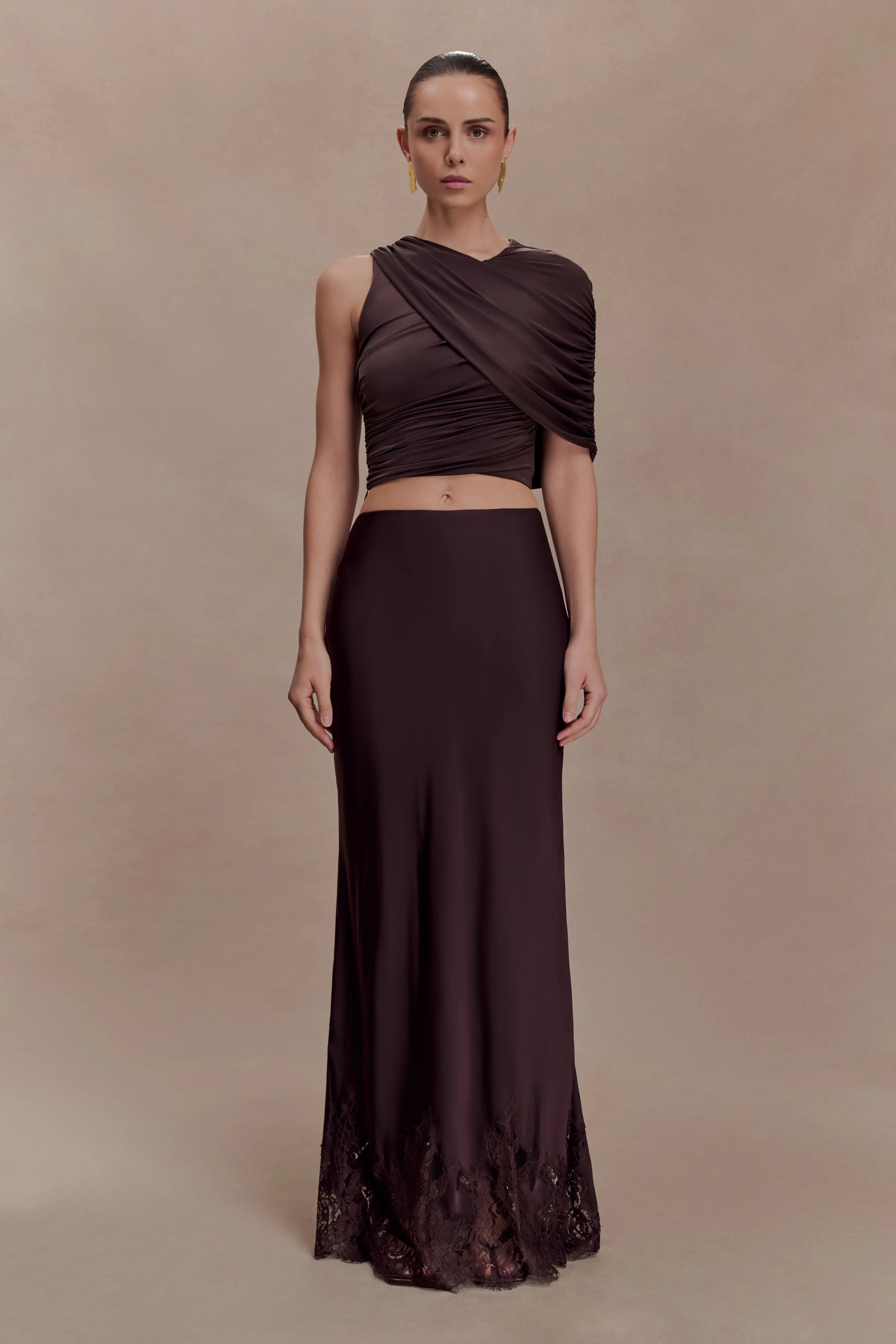 Adrienne One Shoulder Slinky Top - Chocolate
