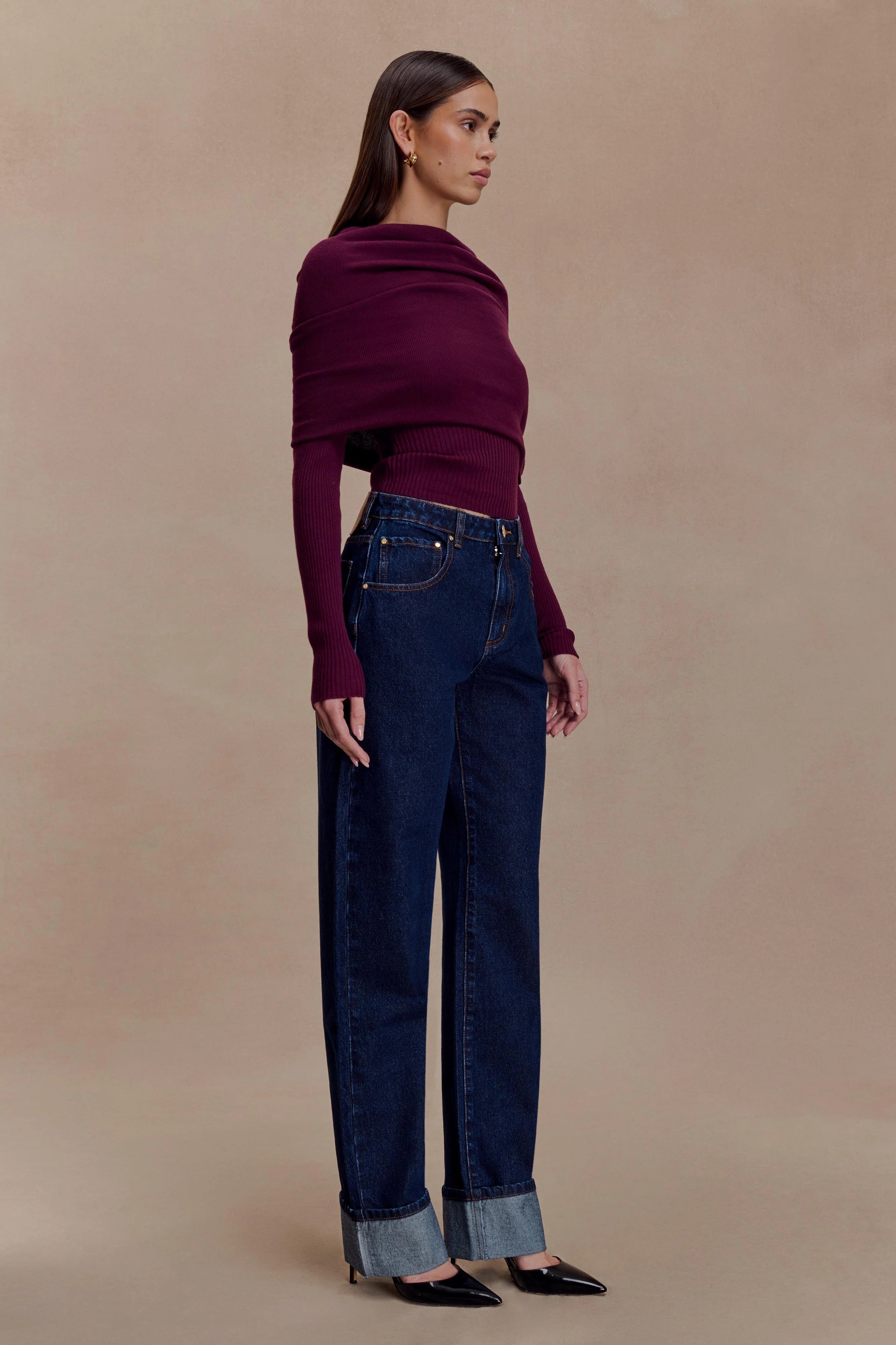 Mazie Asymetrical Cashmere Blend Long Sleeve Knit Top - Plum