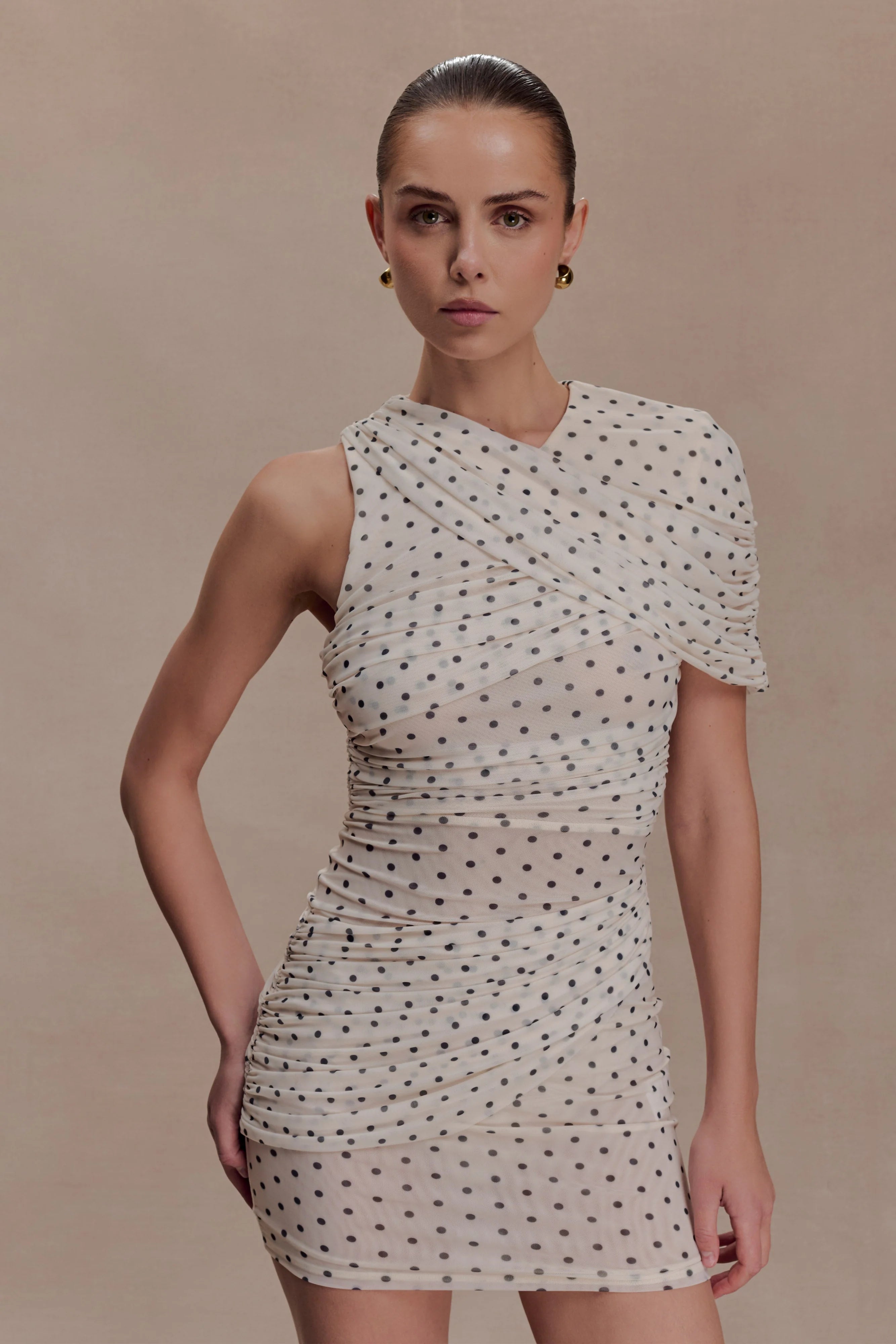 Adrienne One Shoulder Mesh Mini Dress - Polka Dot