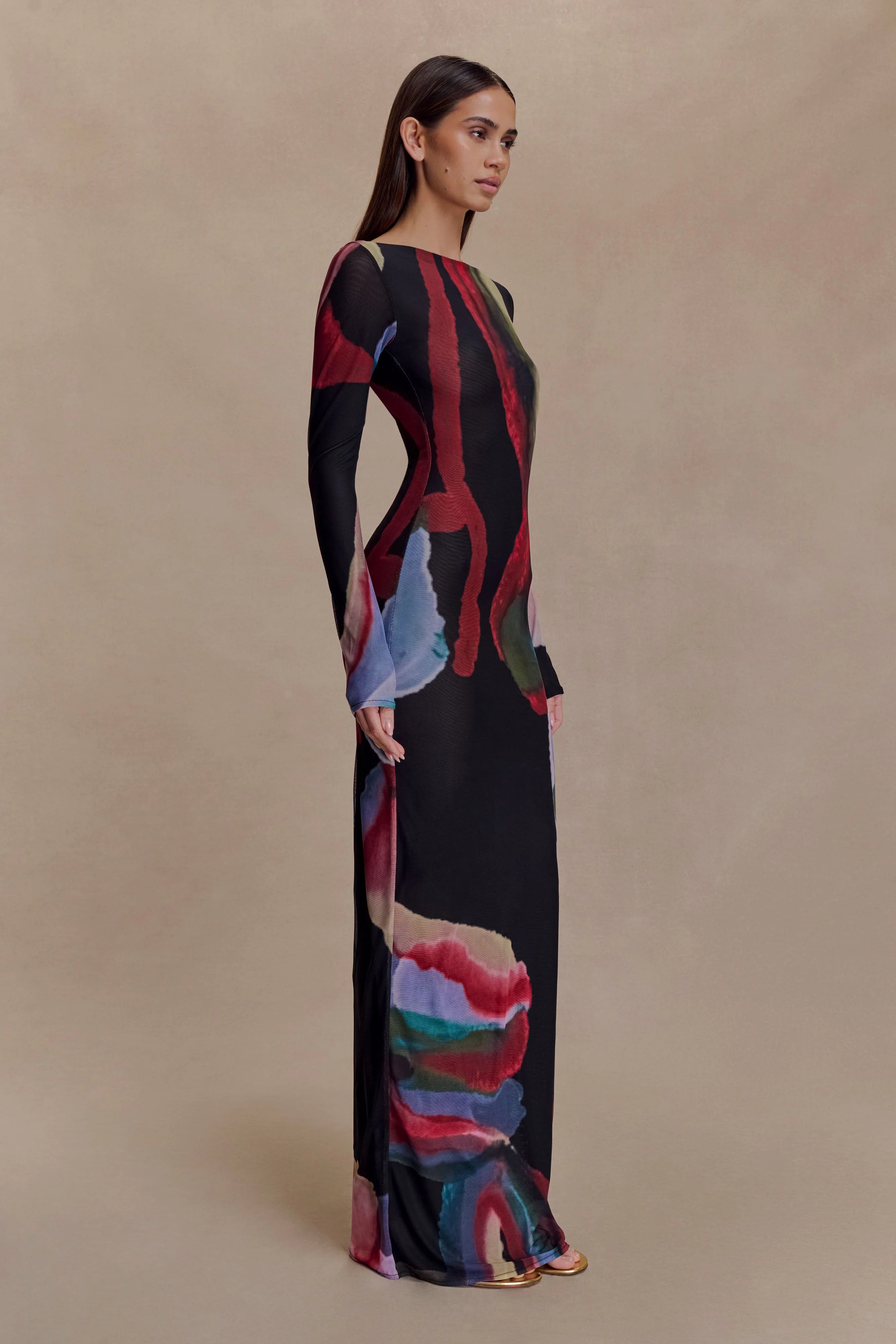 Soraya Long Sleeve Mesh Maxi Dress - Multi Fluid Reverie Print