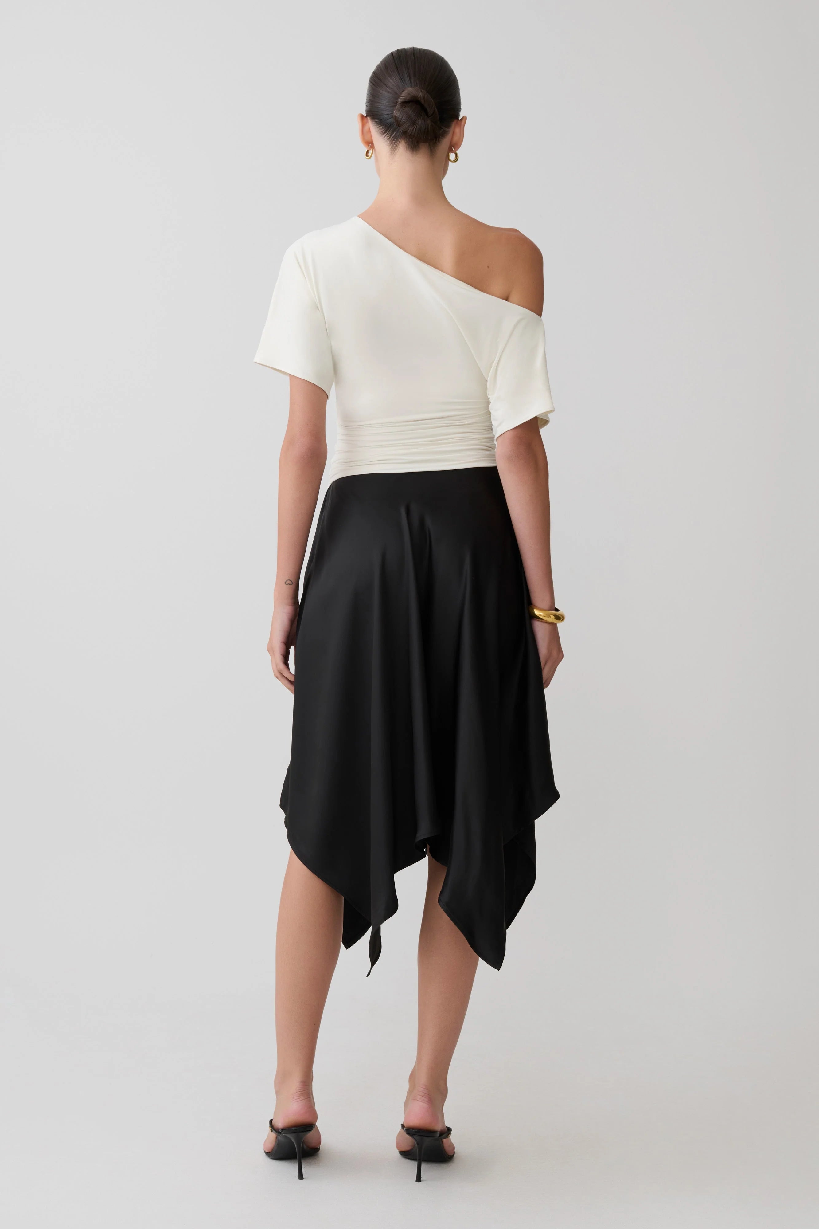 Coralie Asymmetric Satin Midi Skirt - Black