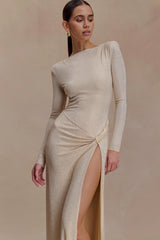 Deanna Long Sleeve Diamante Maxi Dress - Gold