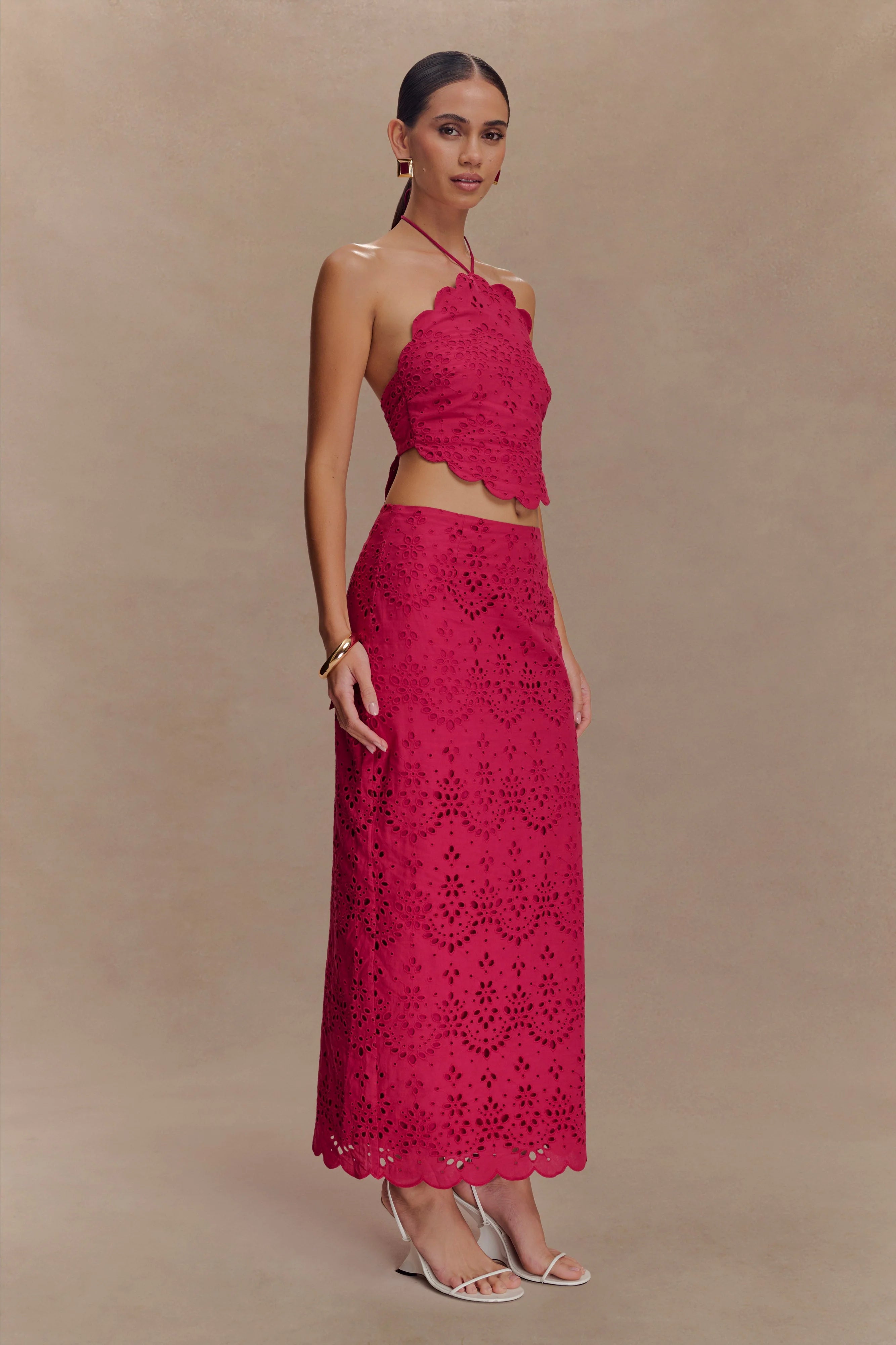 Kensley Broderie Halter Top - Dragonfruit