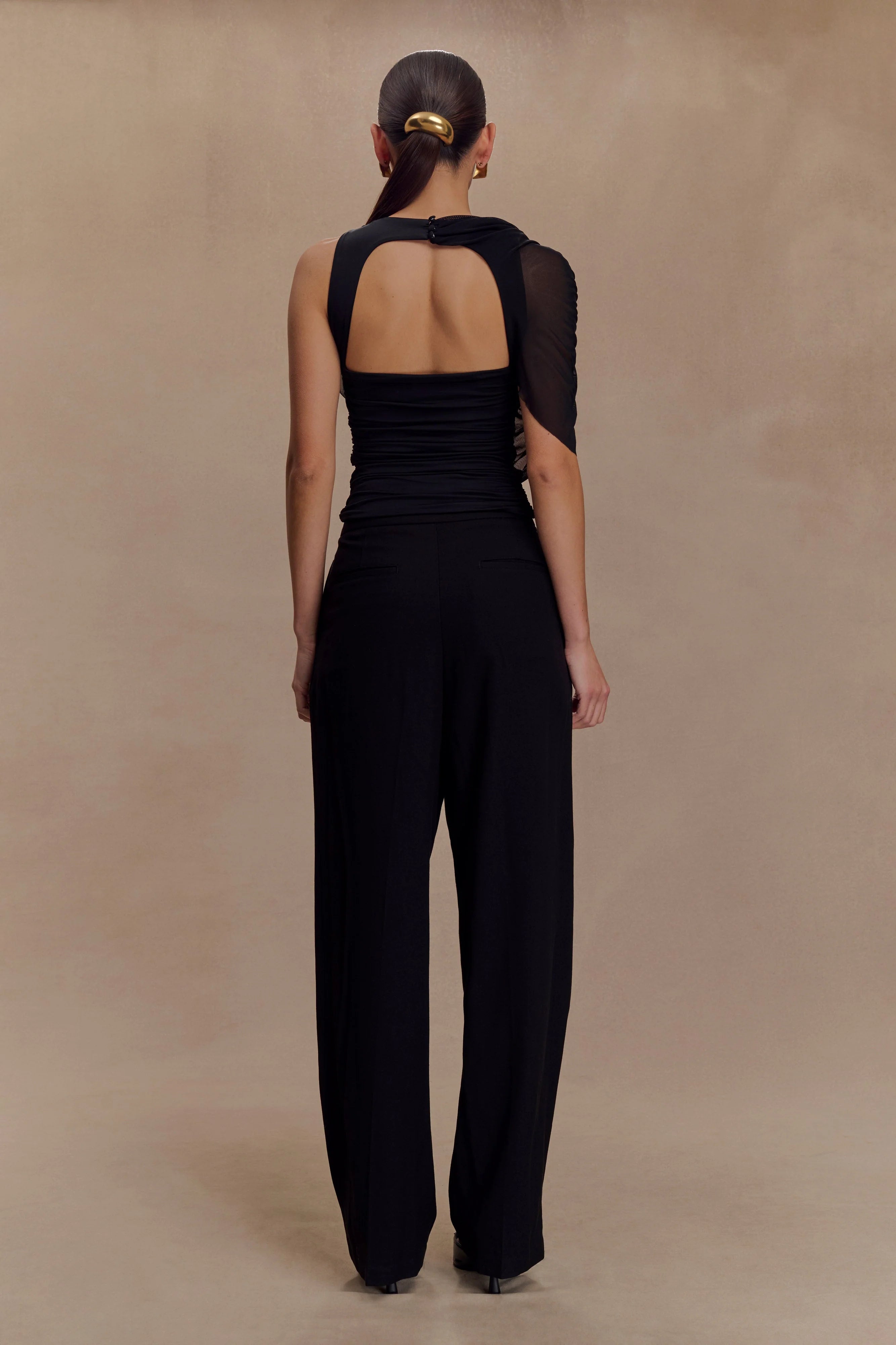 Pruedance Slinky Draped Top With Mesh Overlay - Black
