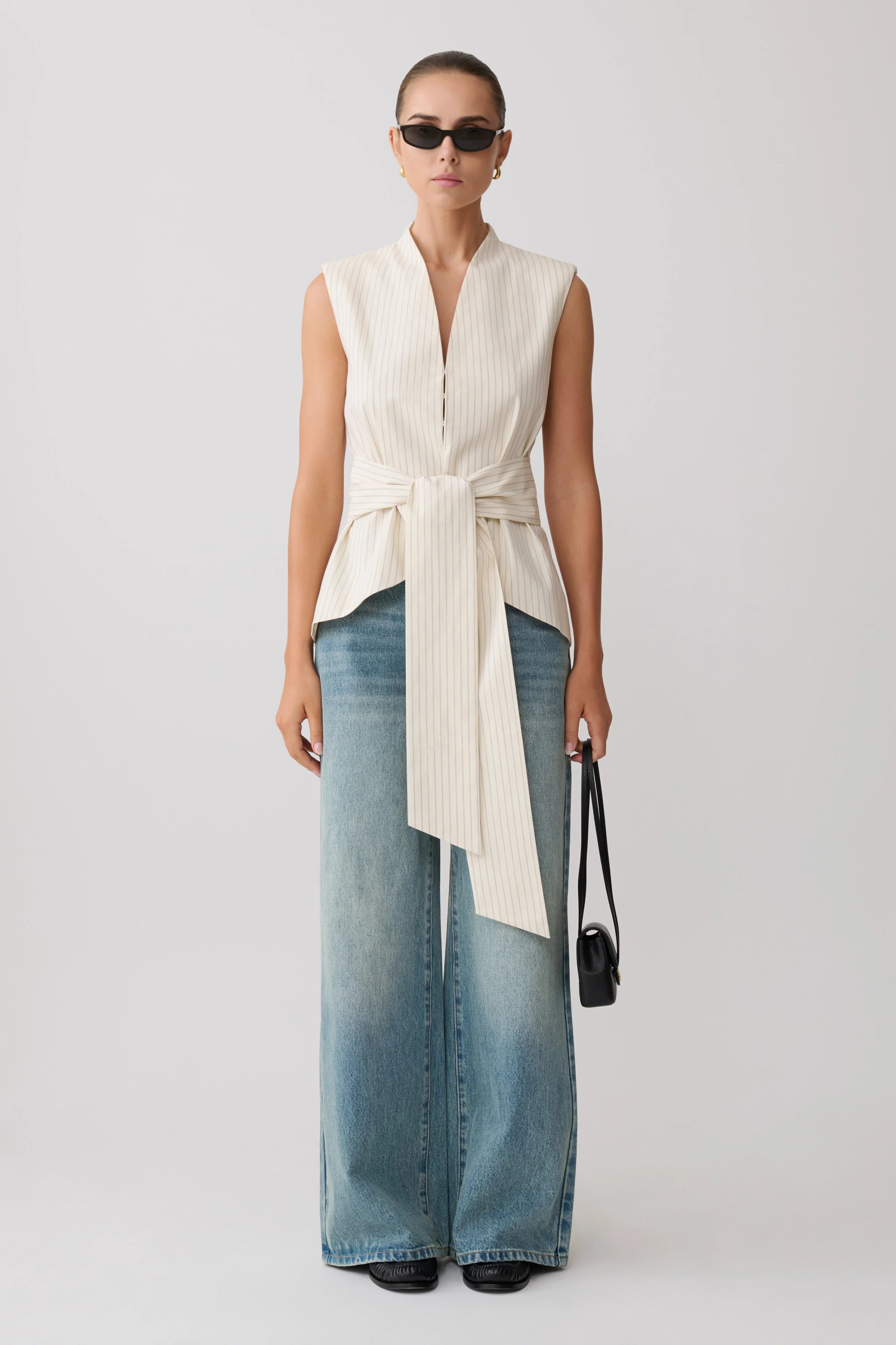 Alina Waist Tie Sleeveless Top - Stripe