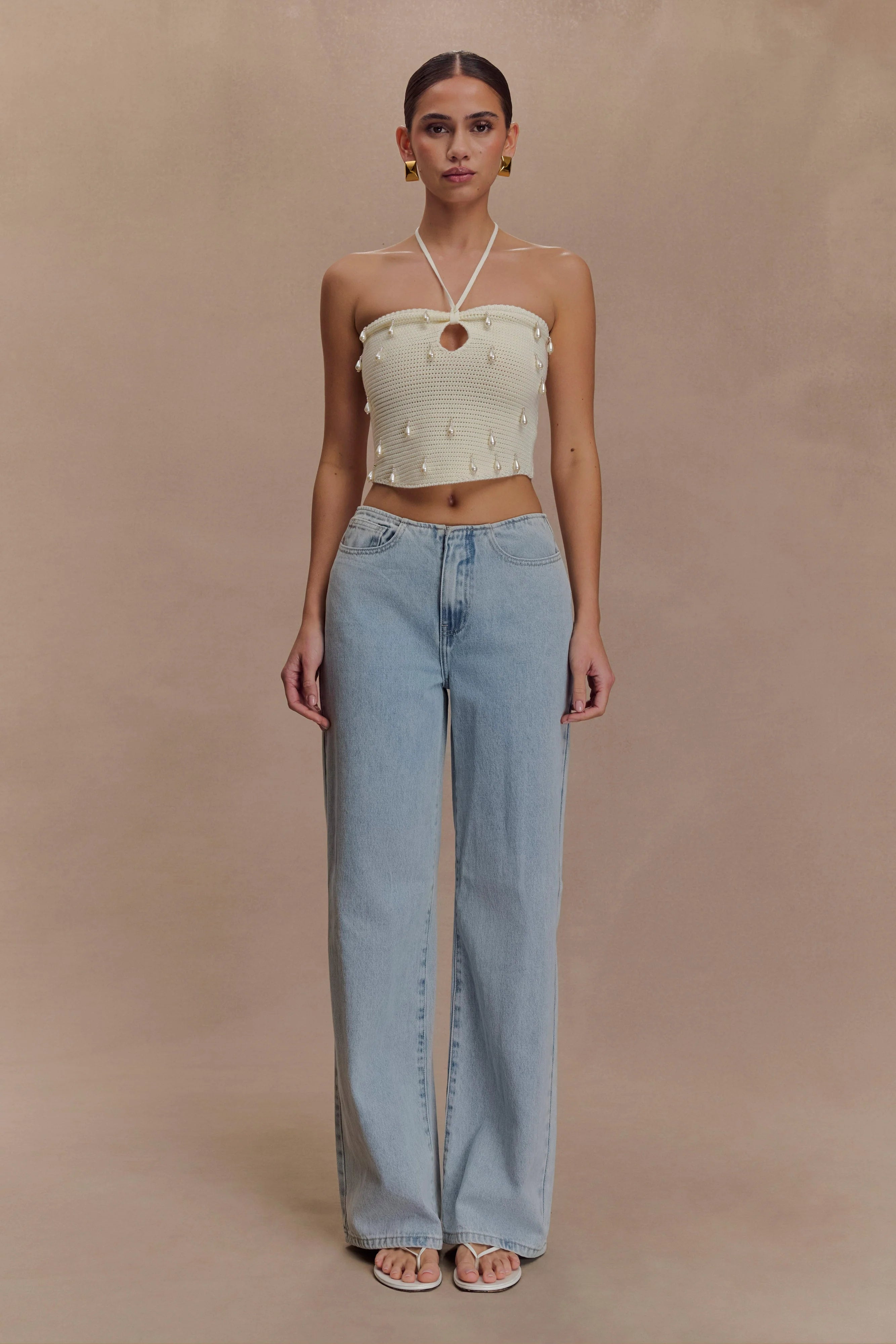 Aletta Knit Pearl Halter Top - Ivory