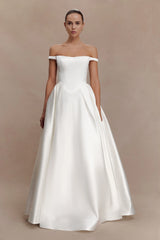 Willow Off Shoulder Satin Maxi Gown - White