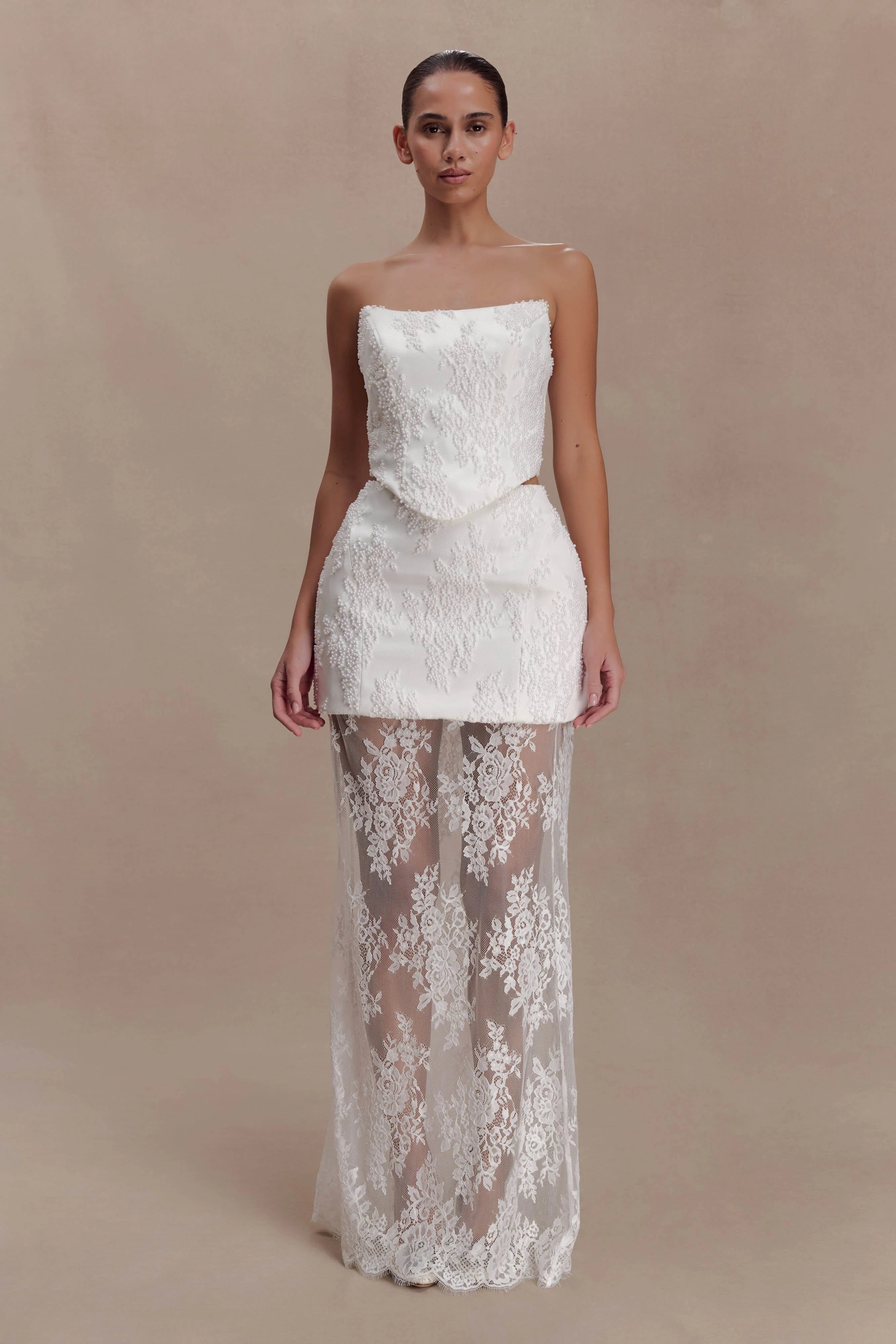 Camille Beaded Satin And Lace Maxi Skirt - Ivory