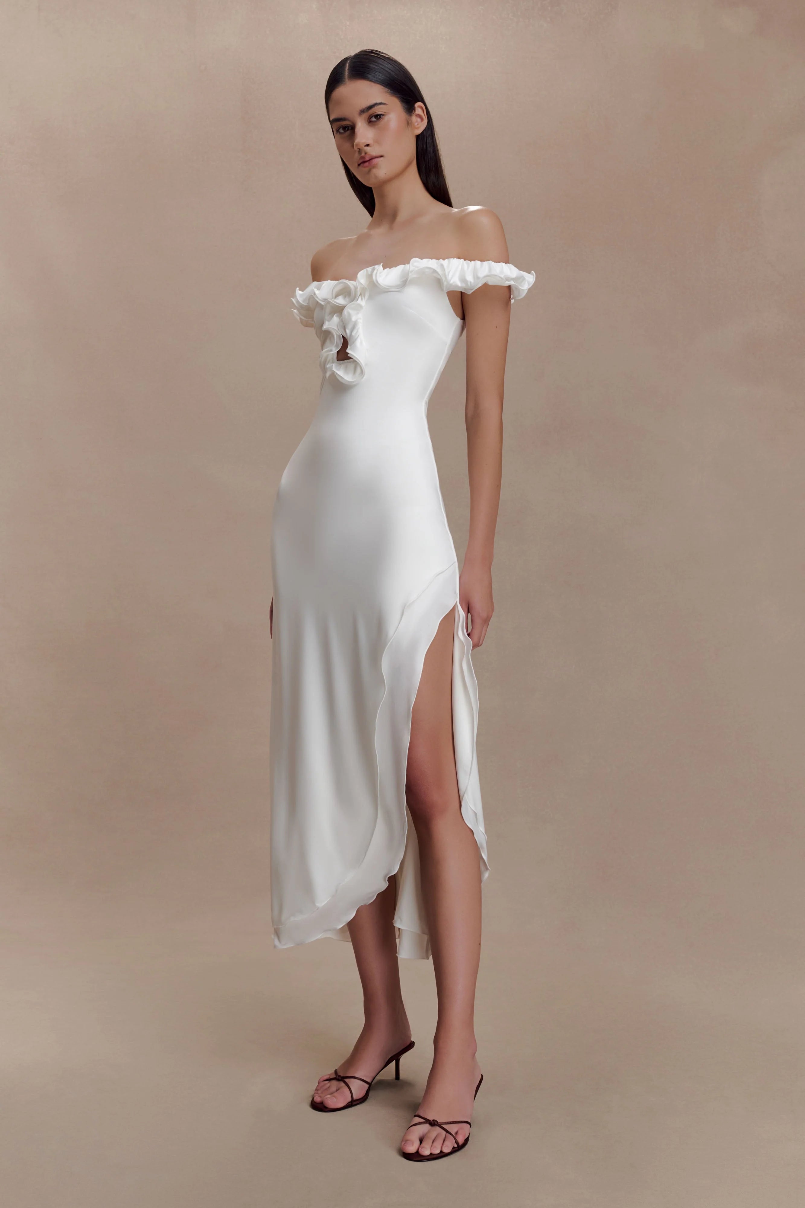 Allegra Off Shoulder Ruffle Midi Dress - Ivory