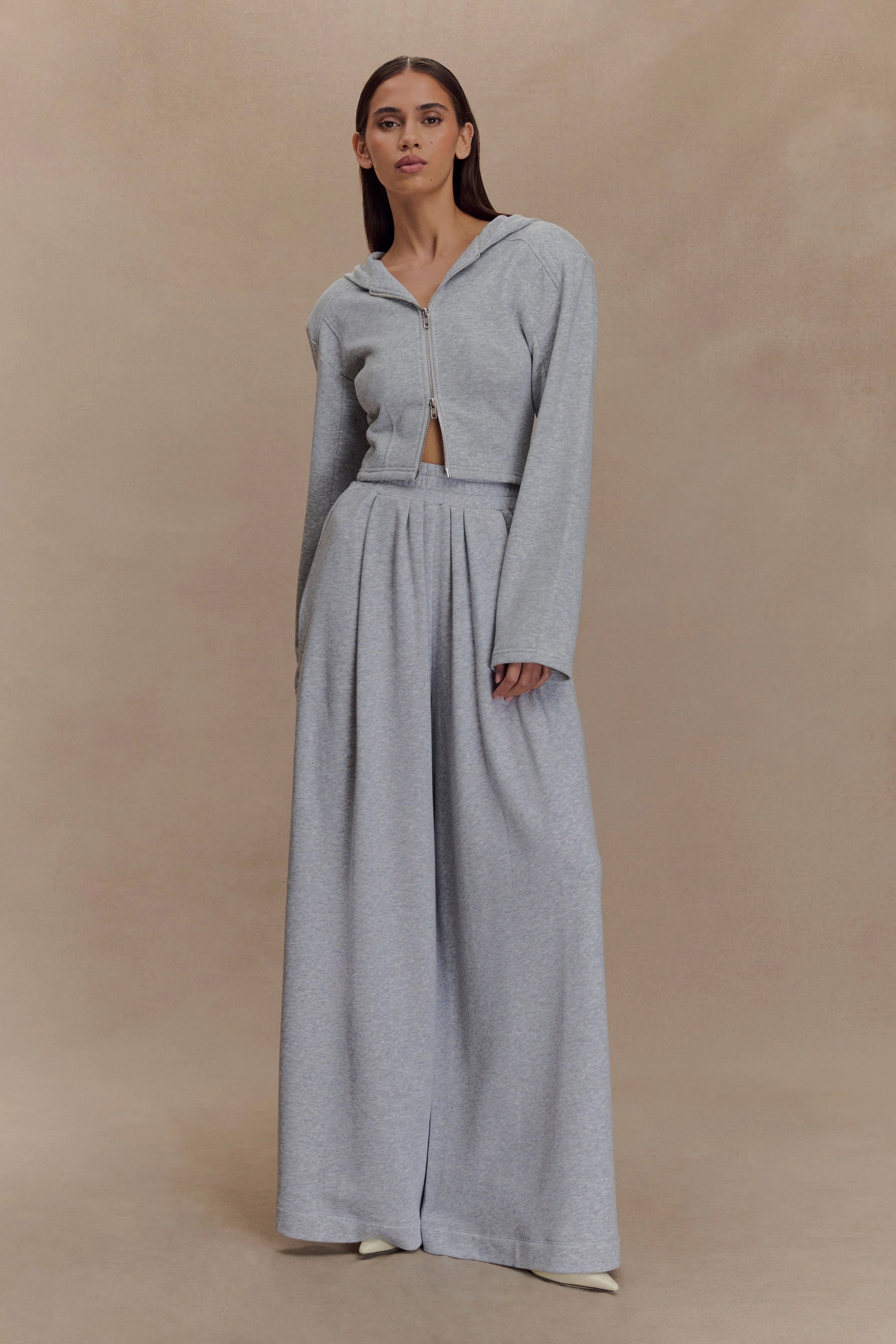 Aspen Gathered Wide Leg Jogger - Light Grey Marle