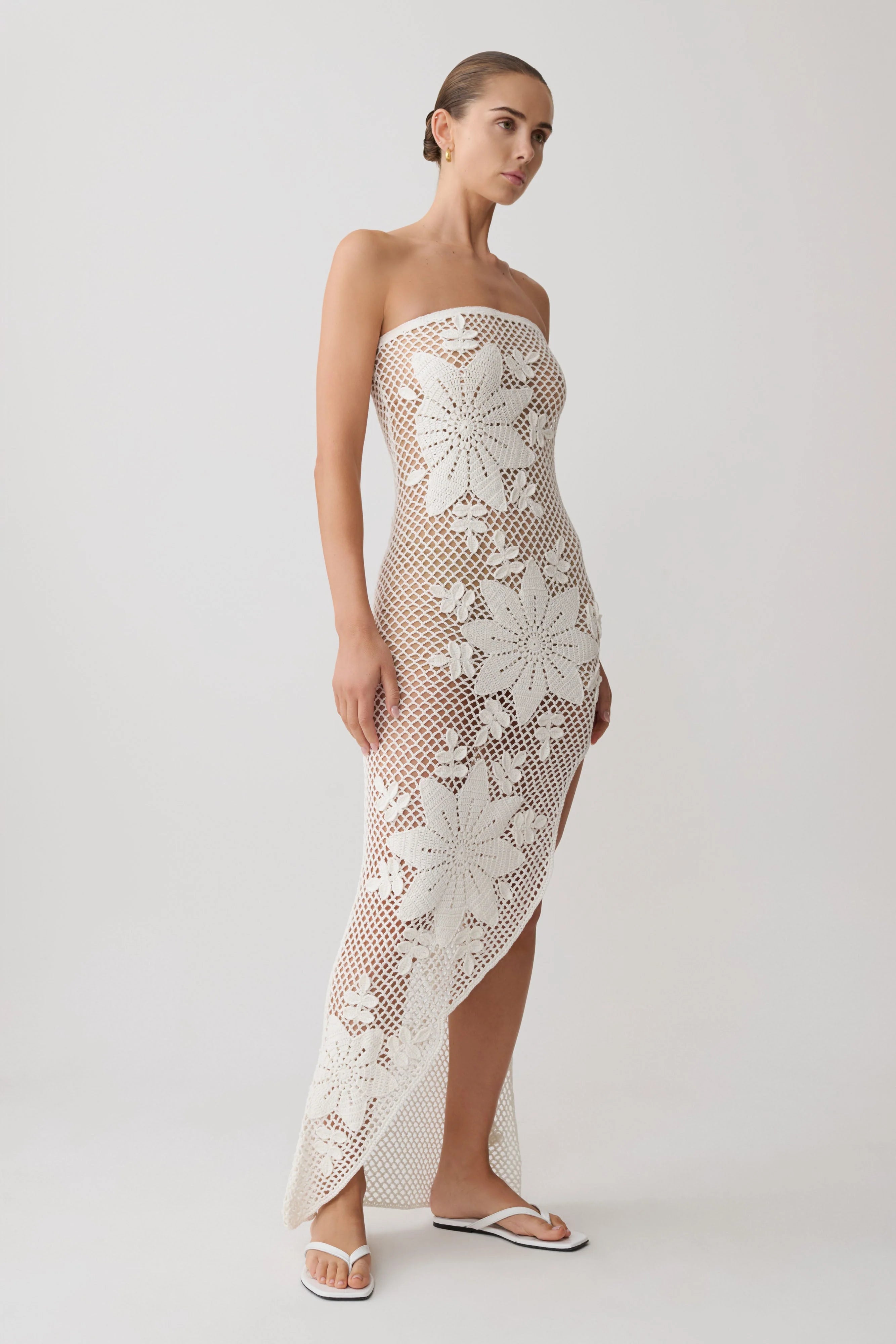 Mandie Hand Crochet Asymmetrical Maxi Dress - White