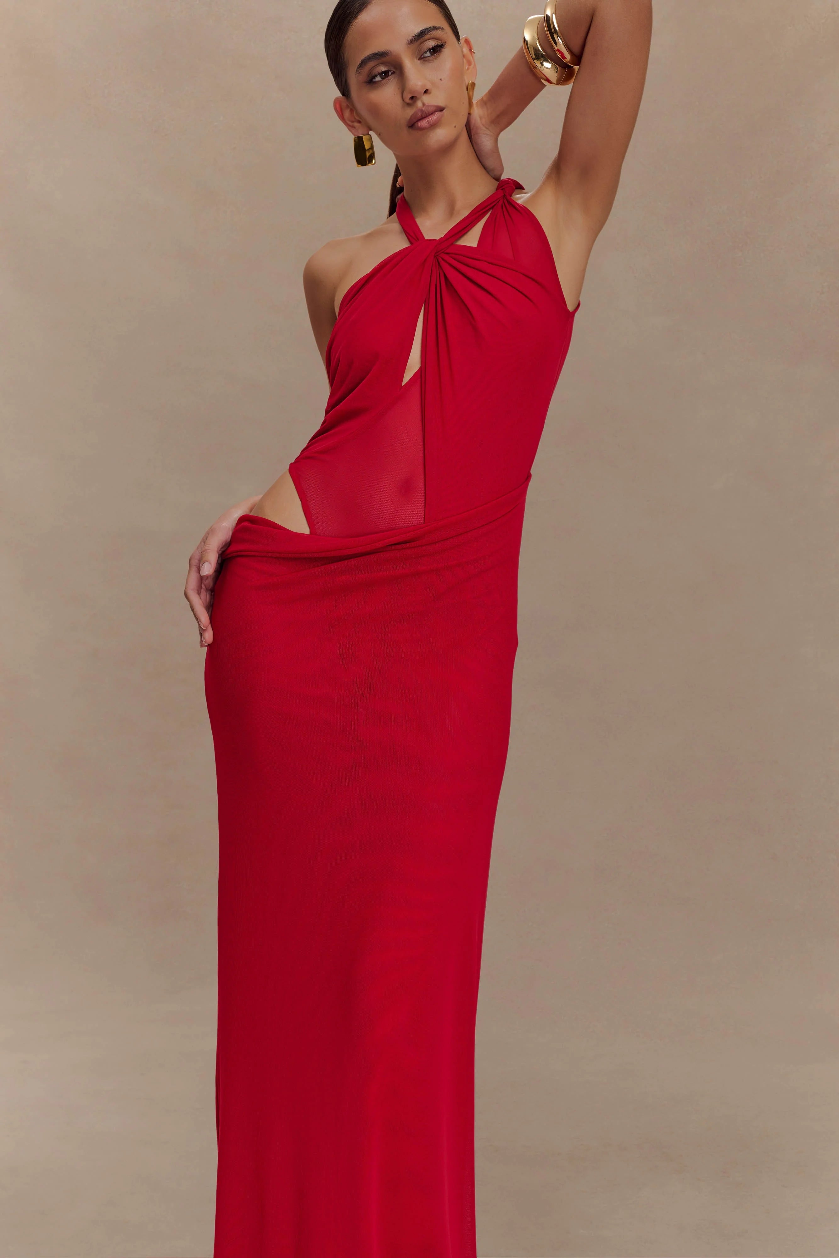 Edwina Knotted Mesh Maxi Dress - Red