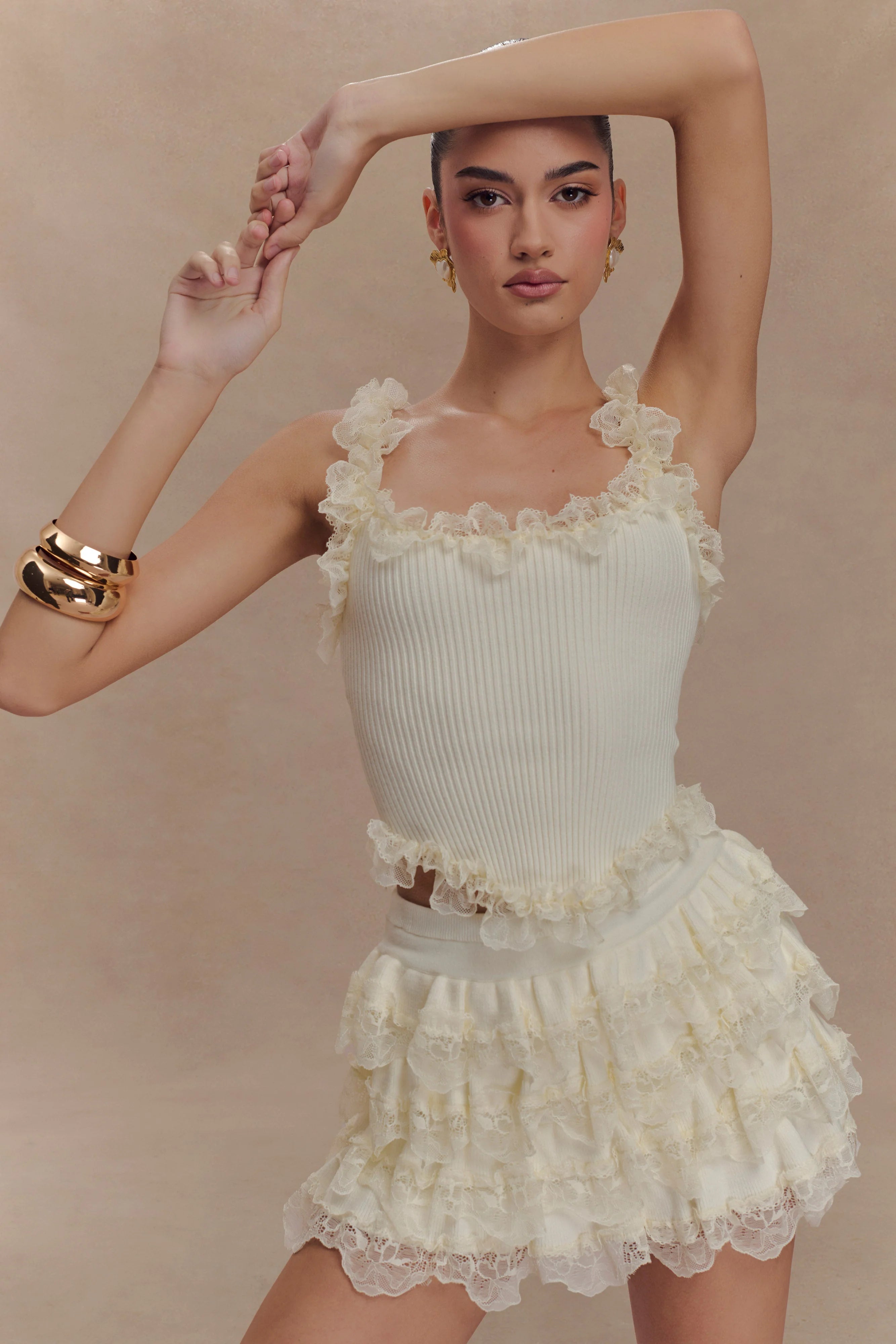 Shay Lace Ruffle Knit Top - Cream