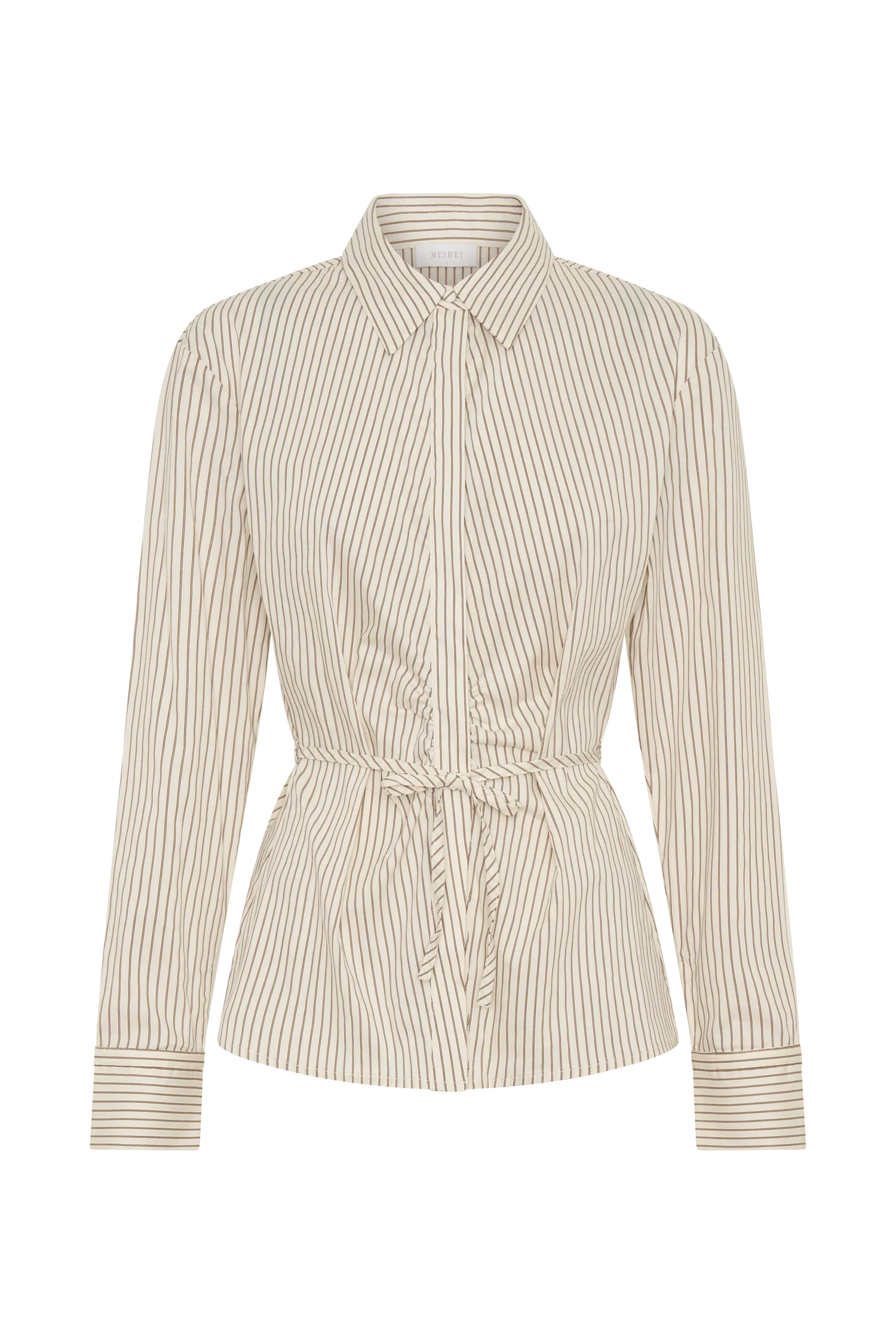 Millie Tie Back Cotton Shirt - Beige Pinstripe