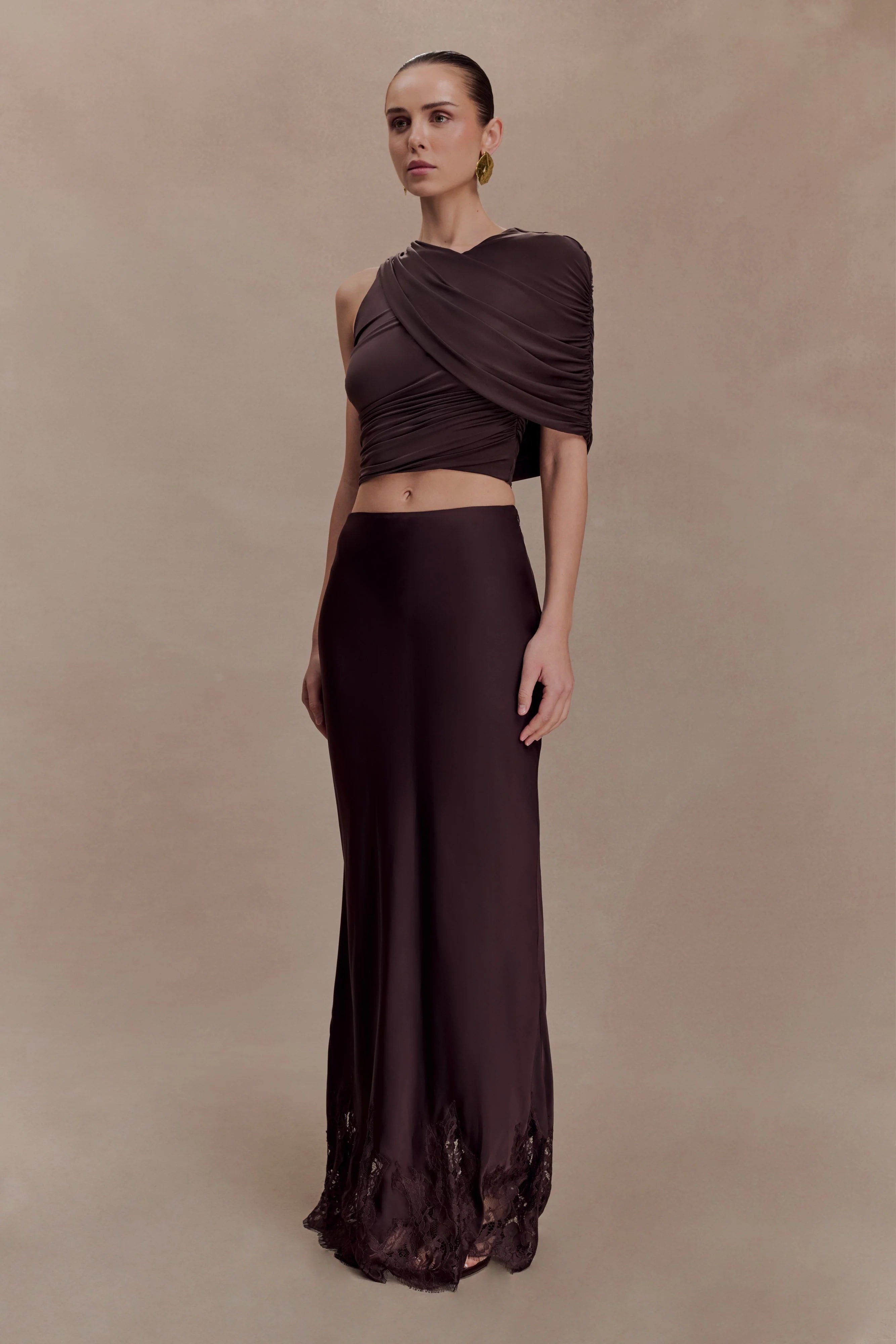 Adrienne One Shoulder Slinky Top - Chocolate