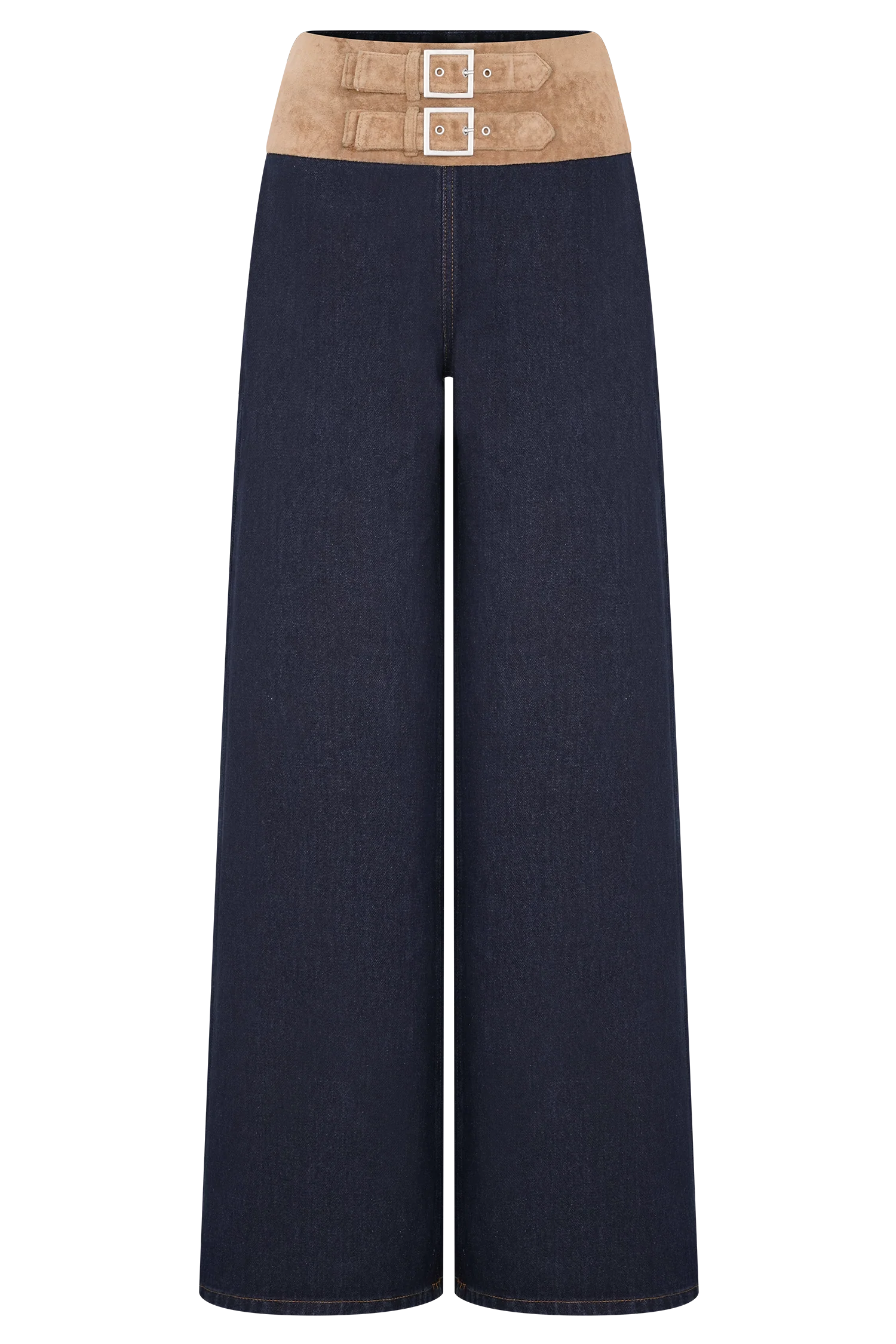 Miranda Faux Suede Belted Denim Wide Leg Jeans - Indigo Blue